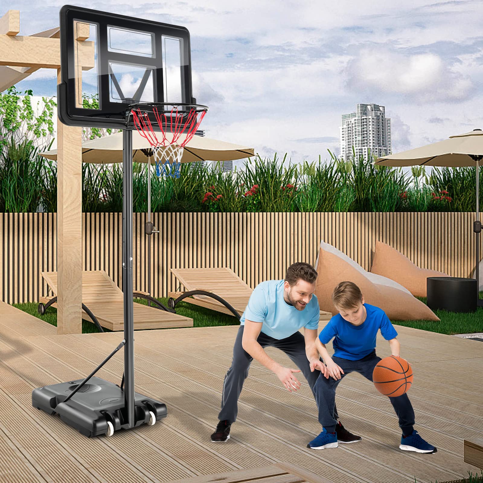 COSTWAY Canasta de Baloncesto Exterior, Altura Ajustable de 12 Niveles, 1,3 a 3,05m, Móvil con Ruedas, Base Rellenable, Canasta Baloncesto Adultos y Niños