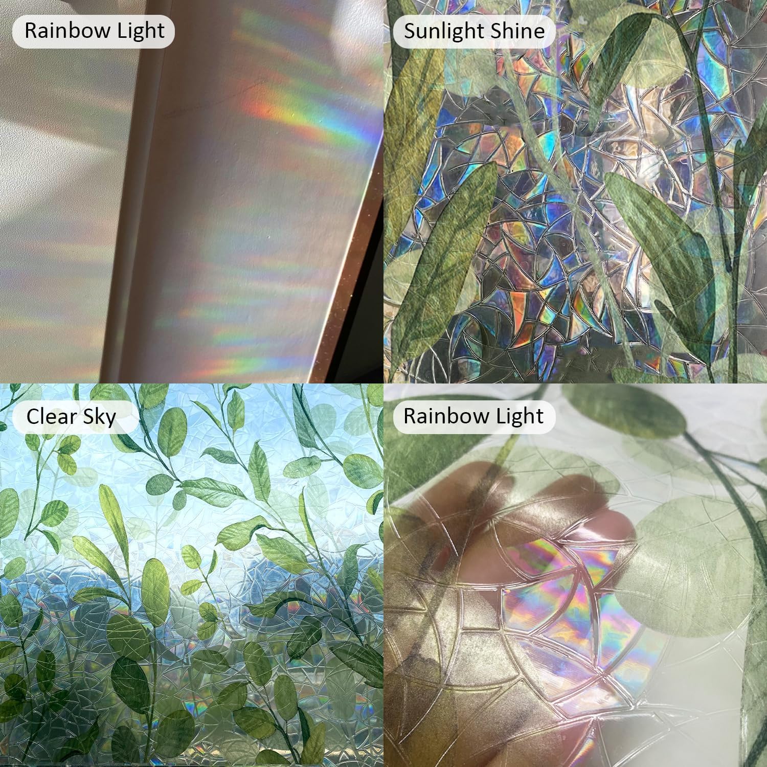 Regenbogen-Fenster-Sichtschutzfolie, Buntglas-Fensteraufkleber, statisch haftend, nicht klebend, dekorative Glasfolie für Schlafzimmer, Wohnzimmer, Küche, Büro, grüne Blätter, 300 x 43 cm