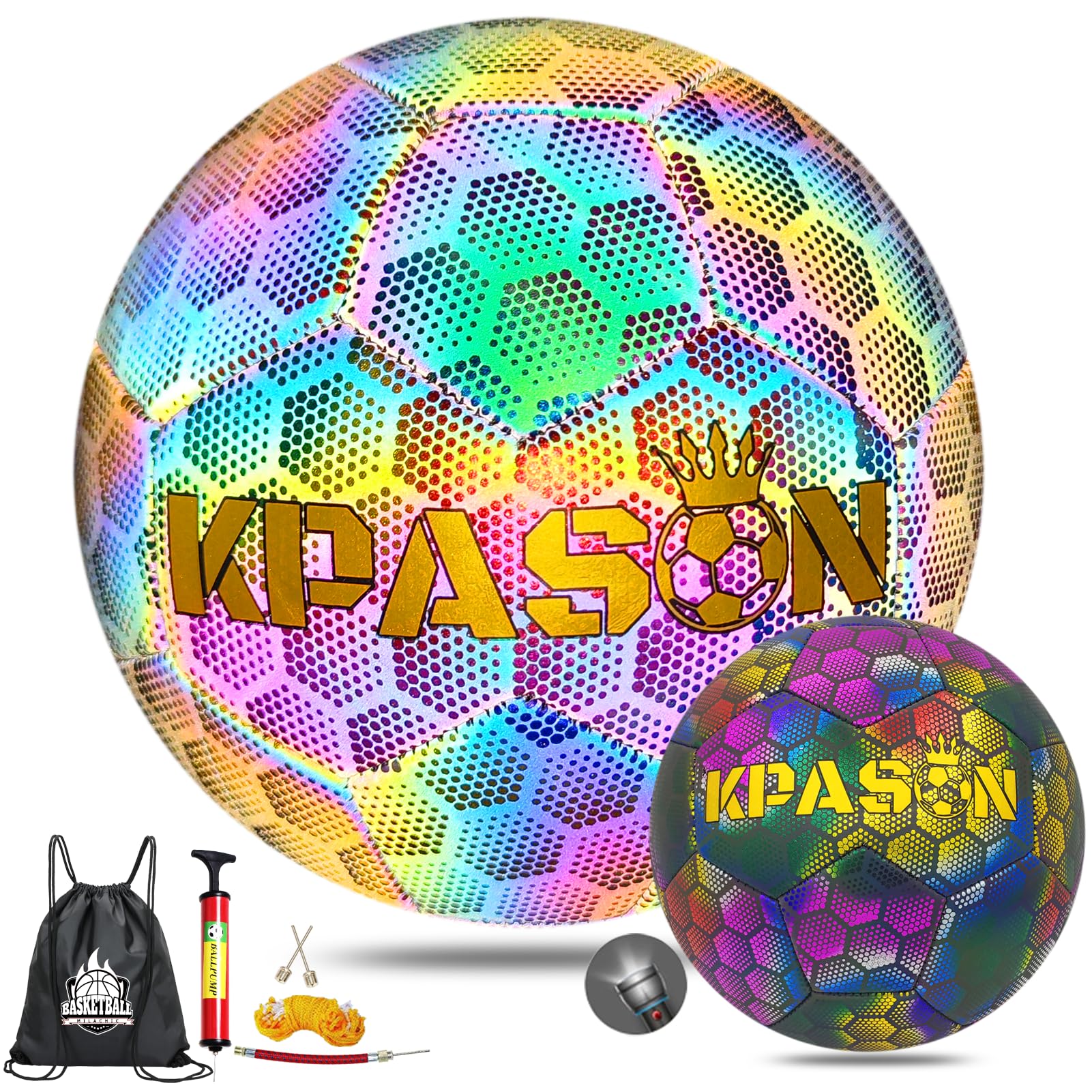 Pallone da calcio olografico, riflettente, luminoso, regalo per ragazzi, ragazze, giovani, uomini, per allenamento al chiuso e all'aperto e giochi notturni
