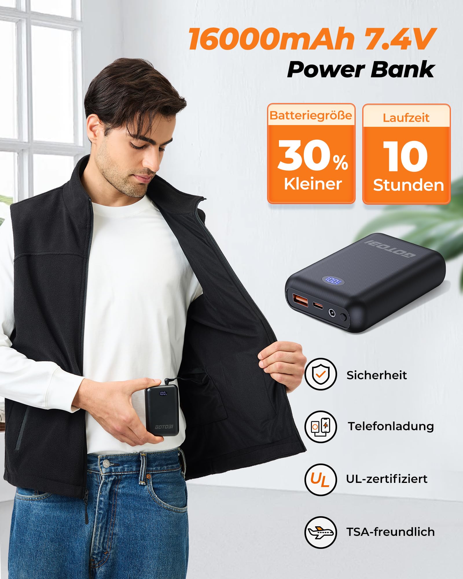 Fleece Heizweste Herren mit 16000mAh Akku, 9 Heizzonen Beheizbare Weste | 3 Einstellbaren Temperaturen Beheizte Weste mit 7,4V Powerbank Maschinenwäsche Elektrische Wärmeweste für Outdoor Aktivitäten