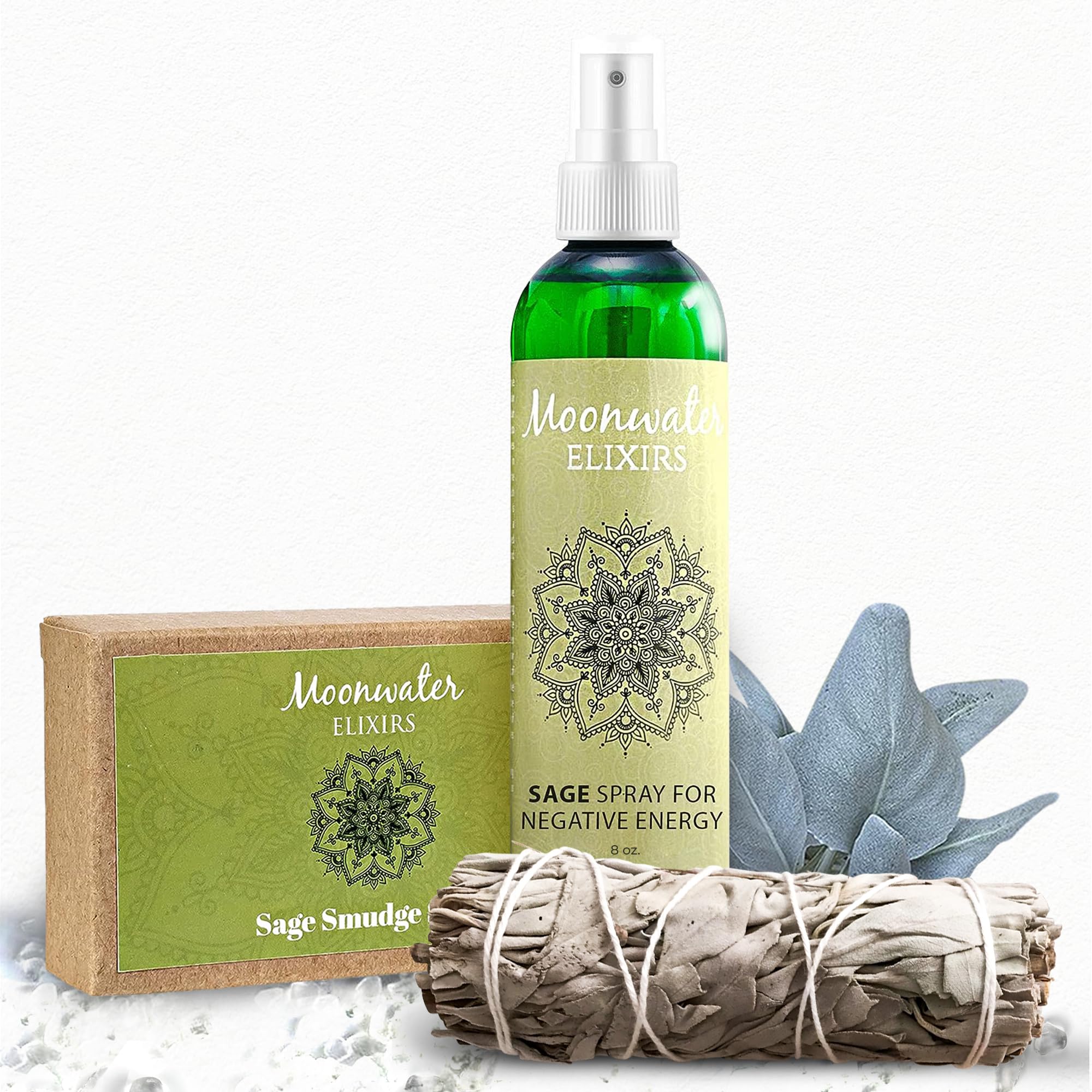 White Sage Cleansing and Protection Bundle – Spray, Soap & Stick to Remove Negative Energy & Clear Spaces – Reiki, Quartz and Full Moon Charged - Cleanse and Heal Aura + Spiritual Defense (8oz)