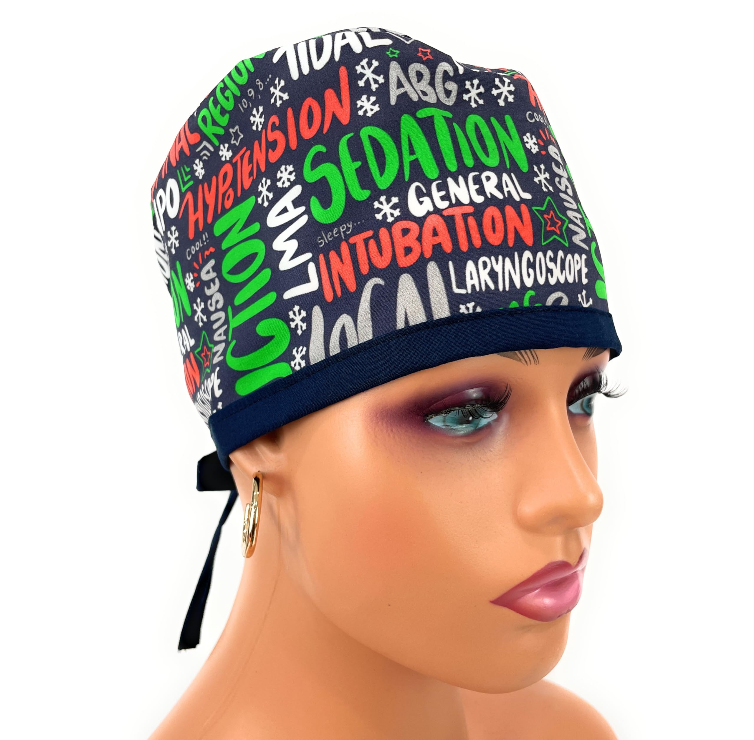 Unisex Medical Scrub Cap – Anesthesia Meds Scribbles Multicolor (Navy Blues Ties)