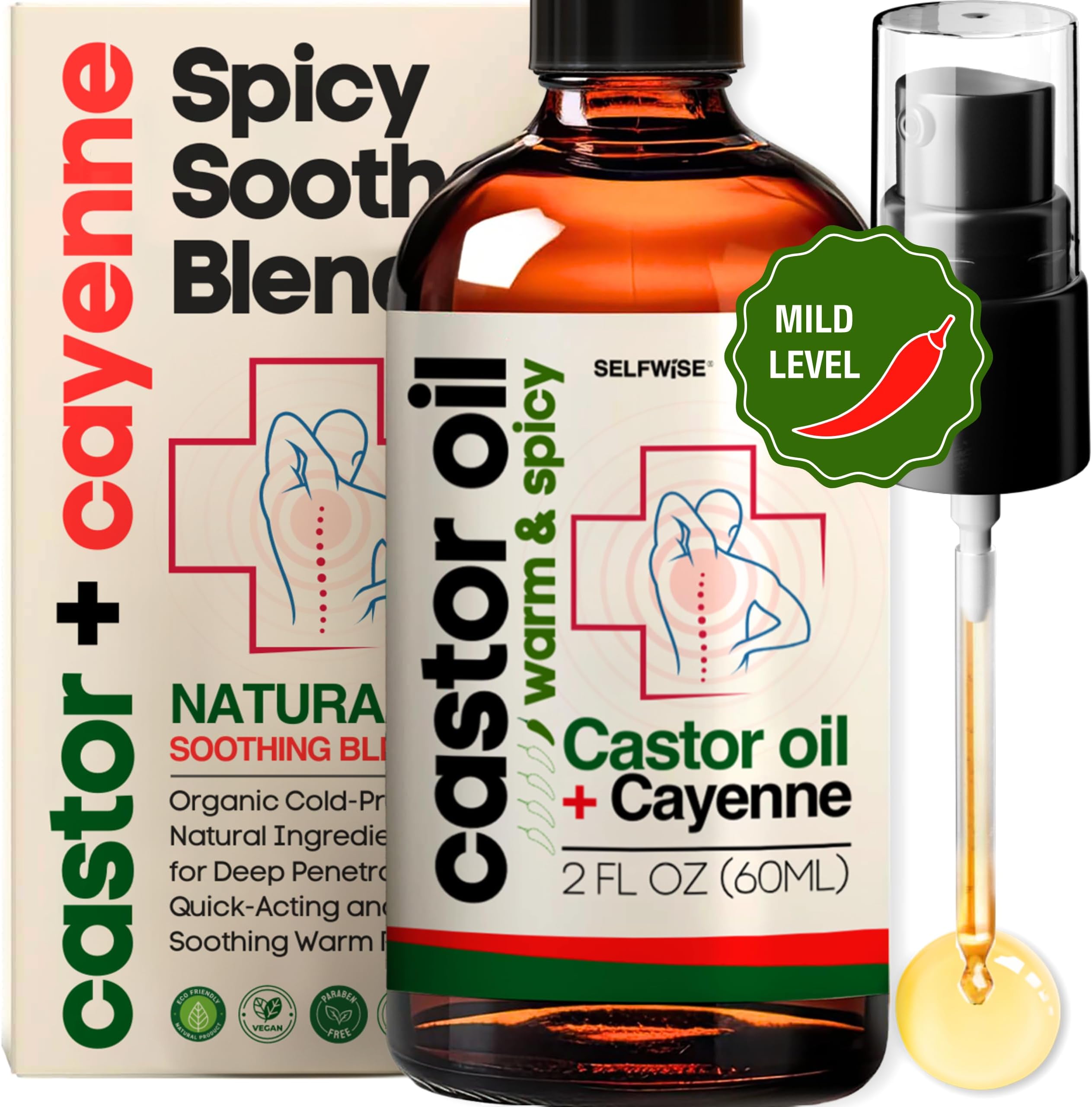 Organic Castor Cayenne Muscle & Body Oil - Warm & Spicy - Lightweight Absorbing Rub for Muscles, Large Areas, Skin & Post-Workout Relaxation