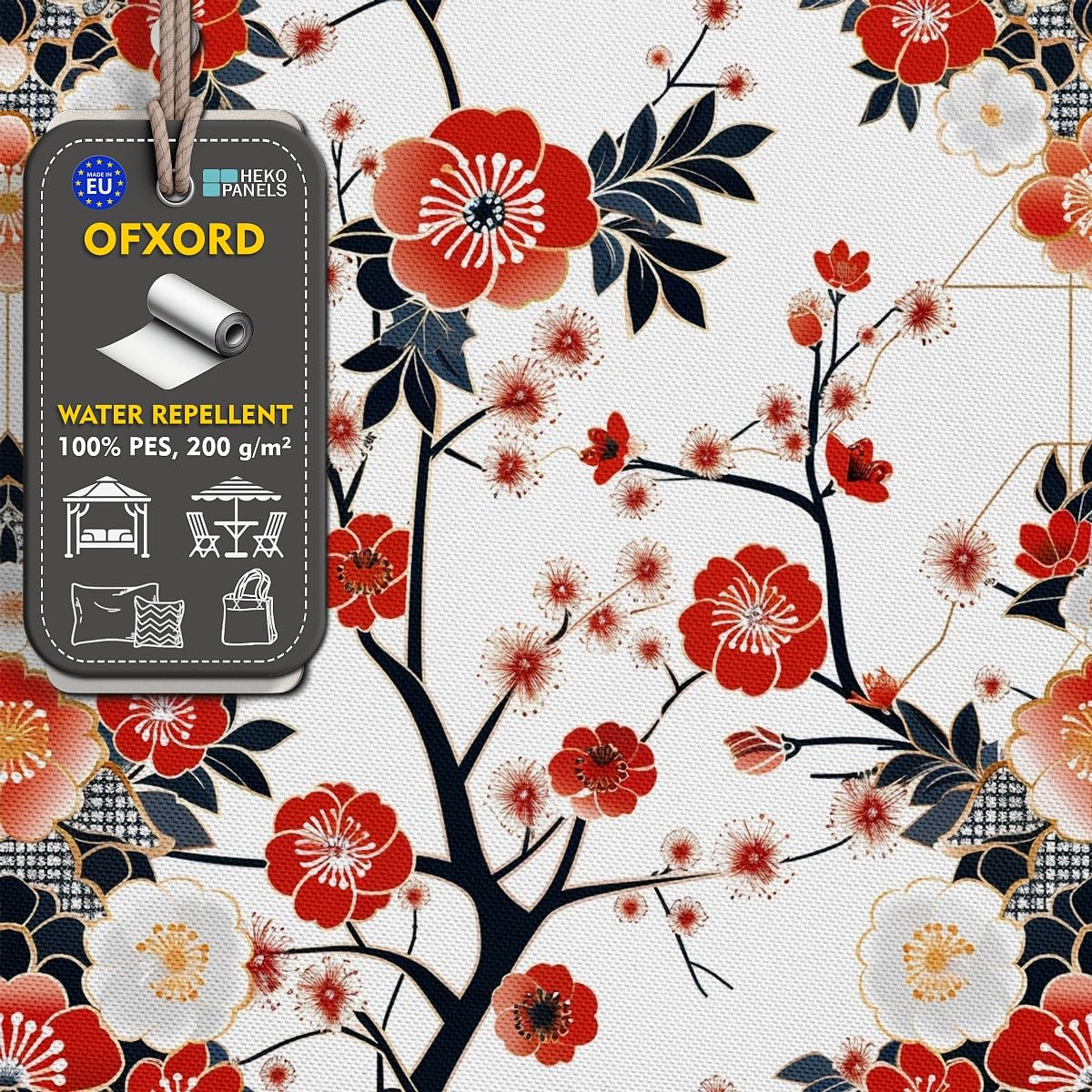 HEKO PANELS Stoff Oxford wasserdicht, Frühling,Japanische Blumen 5 Meter 155 x 500 cm