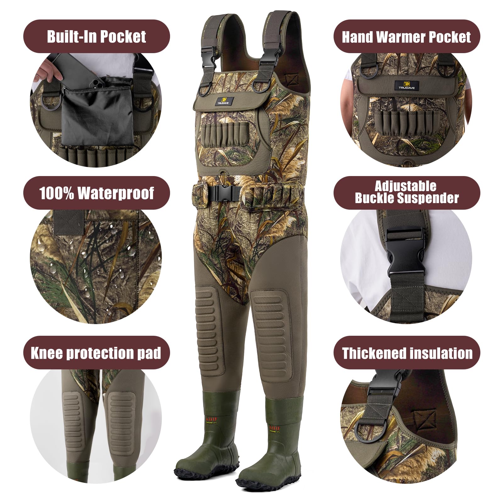 Trudave Chest Waders, Fishing & Hunting Waders for Men, Waterproof Neoprene Camo Wader with 600G Insulation Non Slip Boot