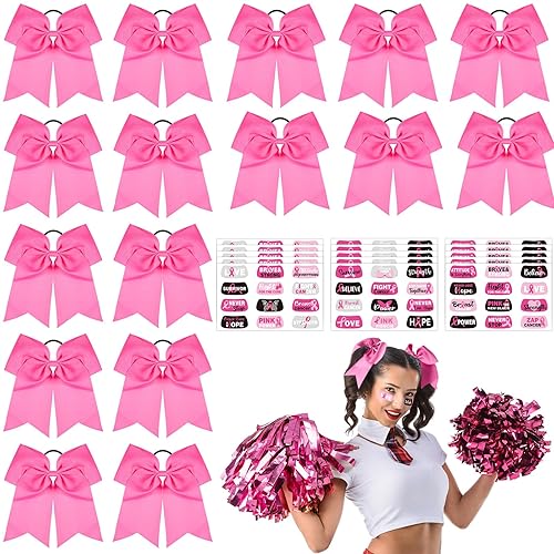 16 lazos grandes de 8 pulgadas para el pelo y 15 hojas de tatuajes temporales para concientización sobre el cáncer de mama, calcomanías de cinta