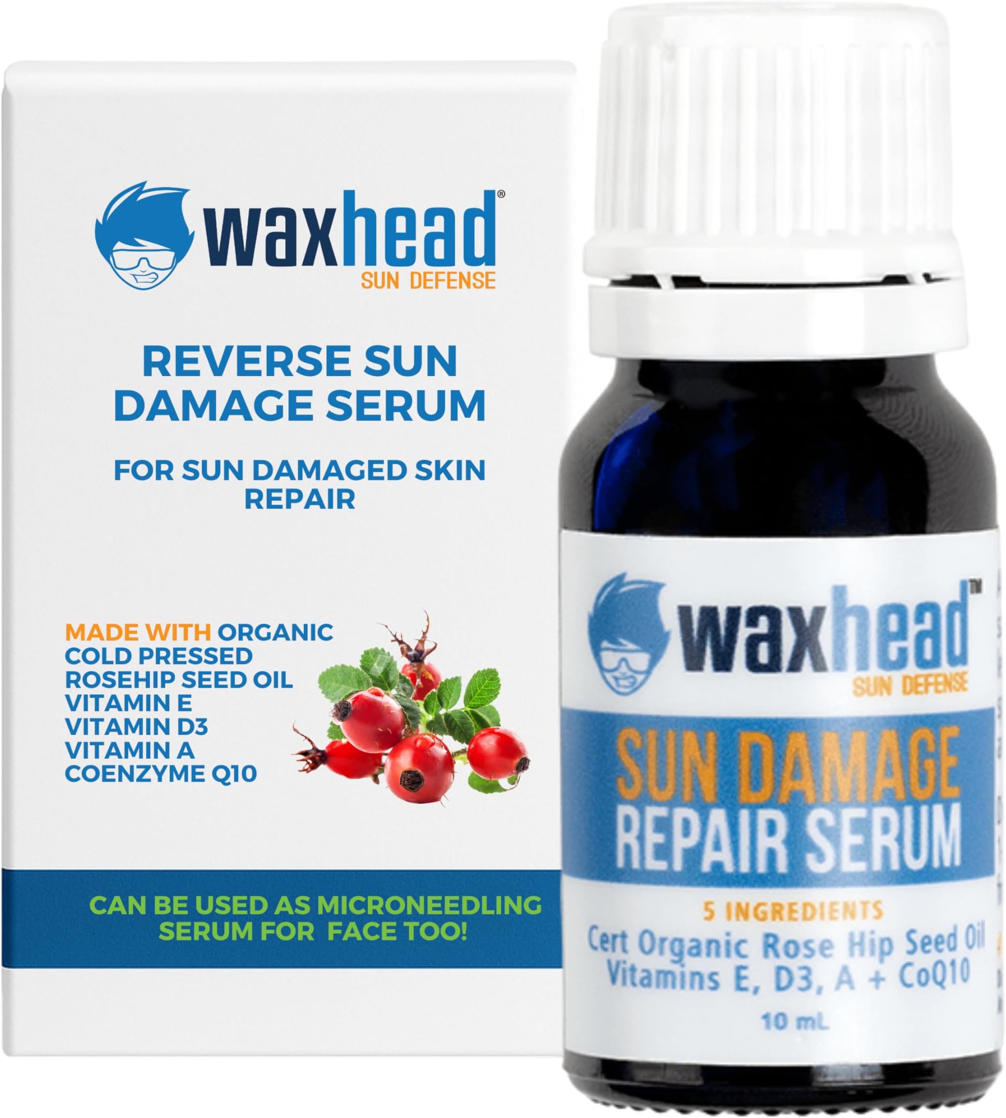 Waxhead Sun Damage Repair Serum, Rosehip Oil and Rosehip Seed Oil for Face with Vitamin A, E and CoQ10, Lightweight Face Oil for Sensitive Skin, Dark Spot and Discoloration Serum for Sun Damaged Skin