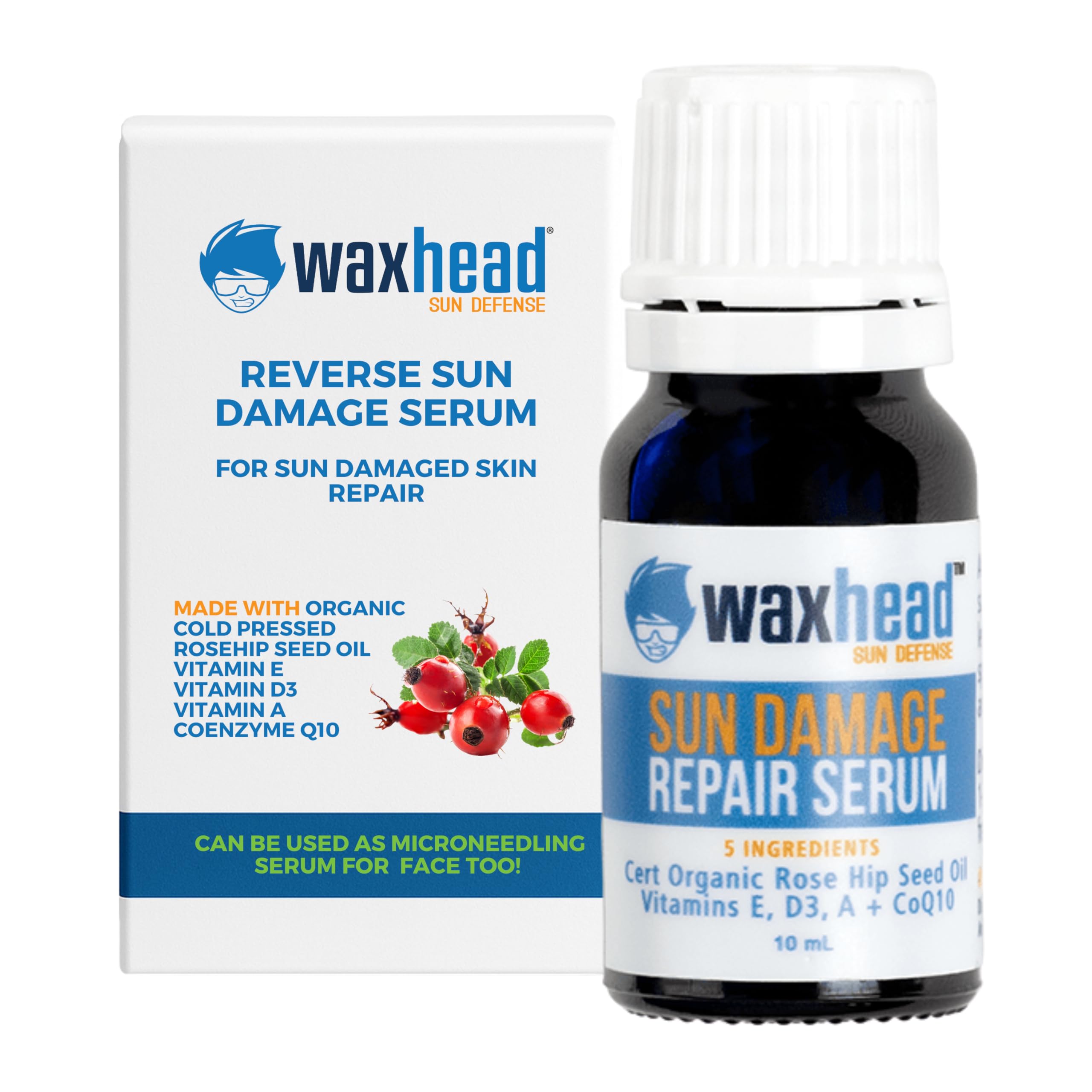 Waxhead Sun-Damaged Skin Repair Serum, Organic Rosehip Seed Oil for Face with Vitamin E A, CoQ10, Lightweight Hydrating Non-Comedogenic for Sensitive Skin, Fade Age Spots Wrinkles Improve Skin Barrier