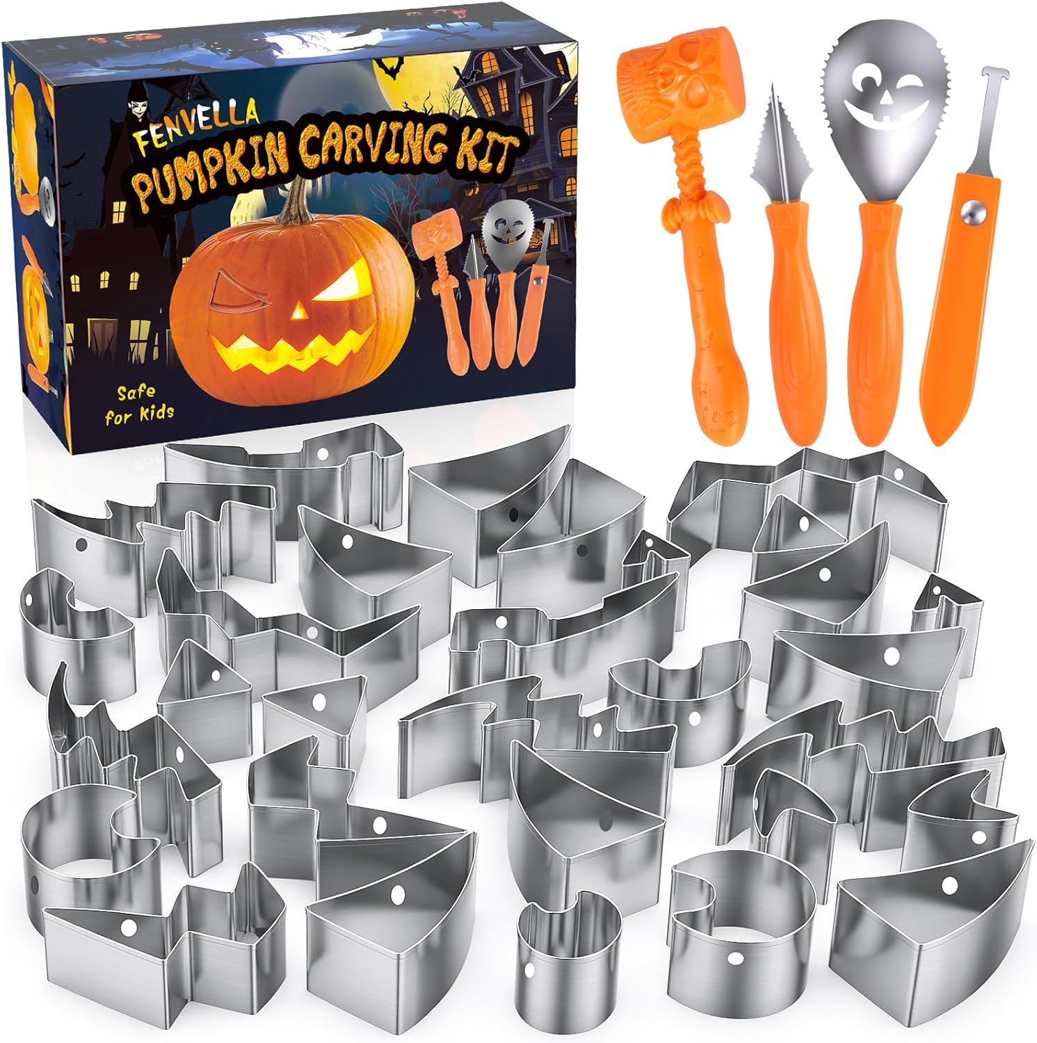 Fenvella Pumpkin Carving Kit for Kids with Hammer, 25 PCS Pumpkin Carving Tools Heavy Duty Stainless Steel Pumpkin Carver Set, Halloween Pumpkin Carving Stencils, Safe Carving Tools Kit for Adults