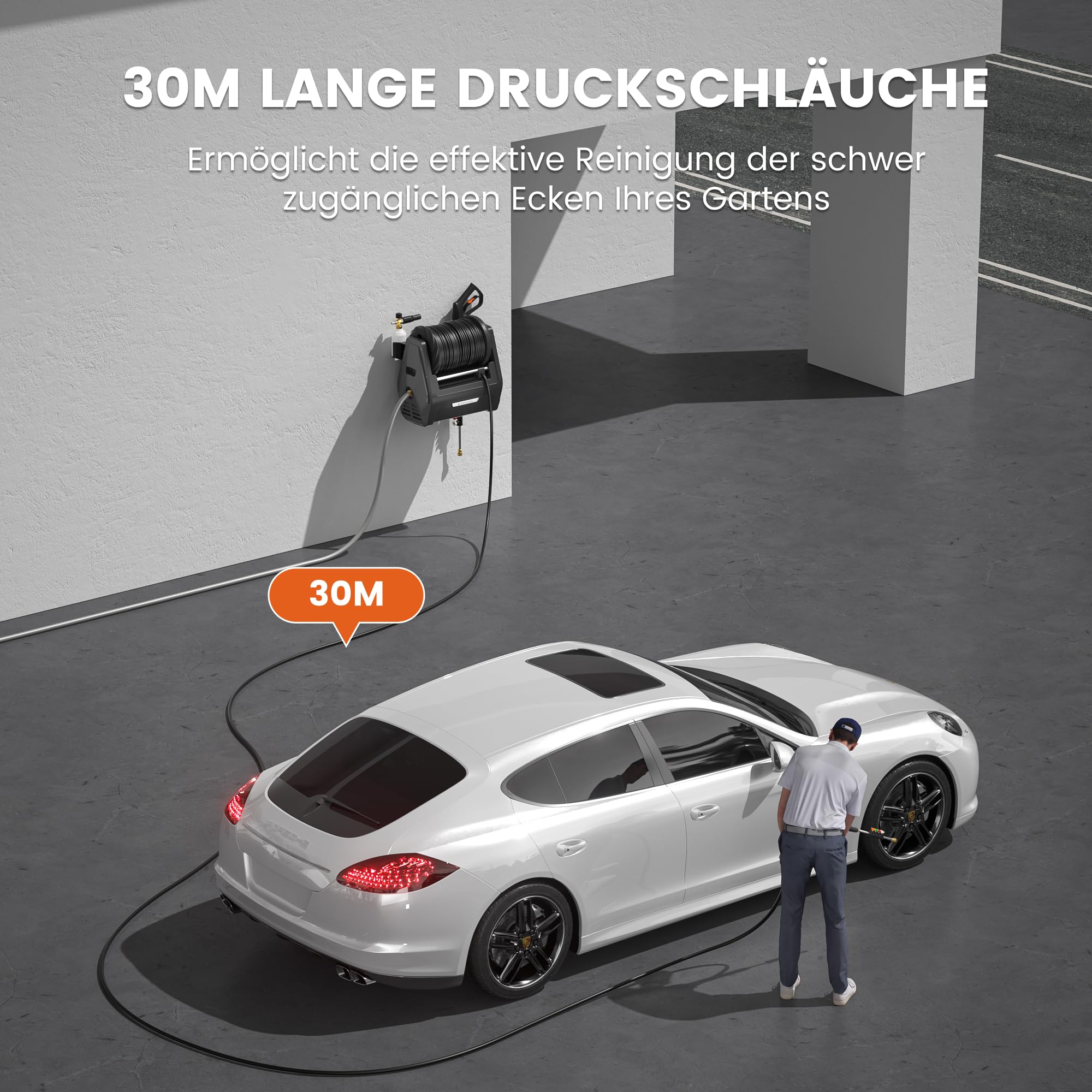 Giraffe Tools Wandmontierter Hochdruckreiniger, 1800 Watt, Max 2400 PSI, 2.0 GPM Elektrischer Wasserdruckreiniger, mit 30M Einziehbarem Schlauch, für Autos/Zäune/Garten, Schwarzer Harter Schlauch