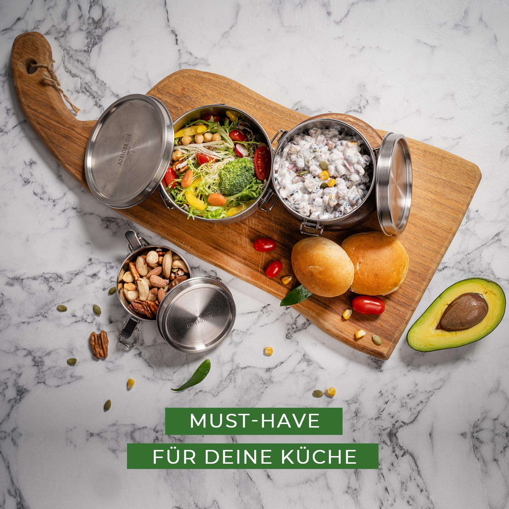 Bao Bowl- Brotdose mit Fächern 3 Lagig 200 + 400 + 700ml - Lunchbox aus Edelstahl rund - BPA-frei und auslaufsicher - spülmaschinenfeste Vesperbox