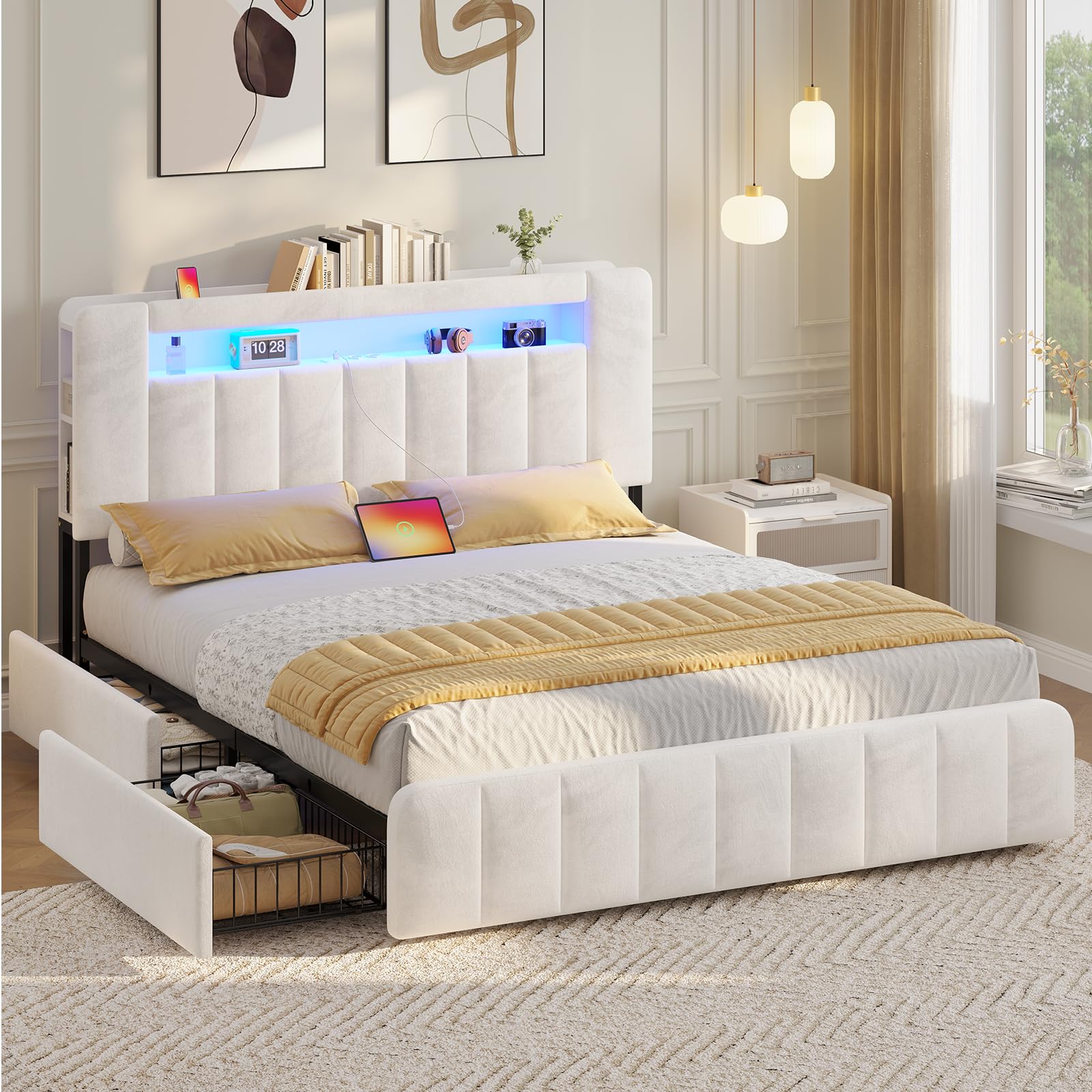 AOGLLATI Polsterbett 140x200 Mit LED Und Stauraum - Hydraulisches Bett
