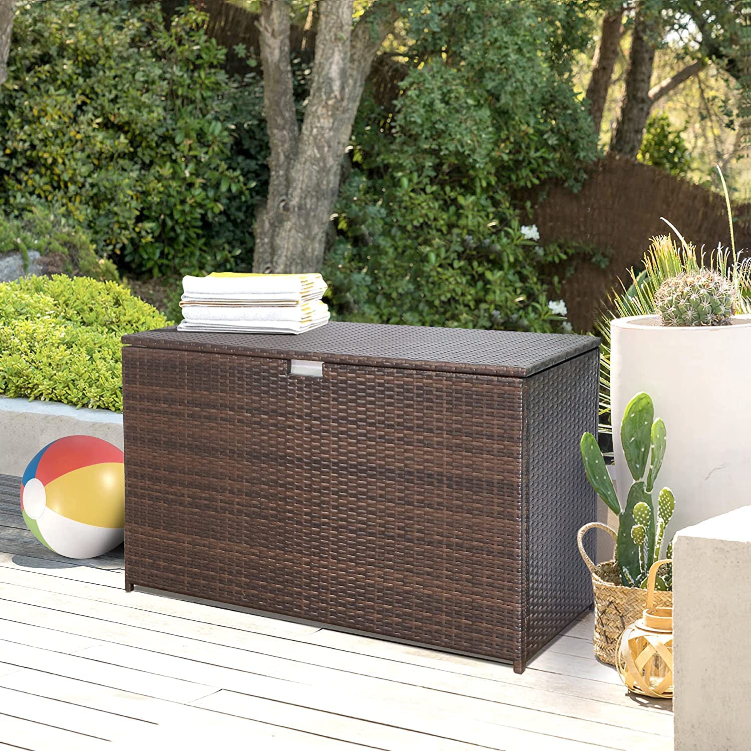 Fangflower Wicker Storage Box Patio 120gallon, Aluminum