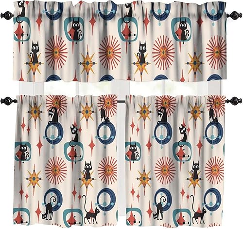 Miniatura 35 de Cortinas de cenefa de cocina de mediados de siglo, diseño geométrico abstracto de mediados de siglo, retro, moderno, tratamiento de ventana pequeña