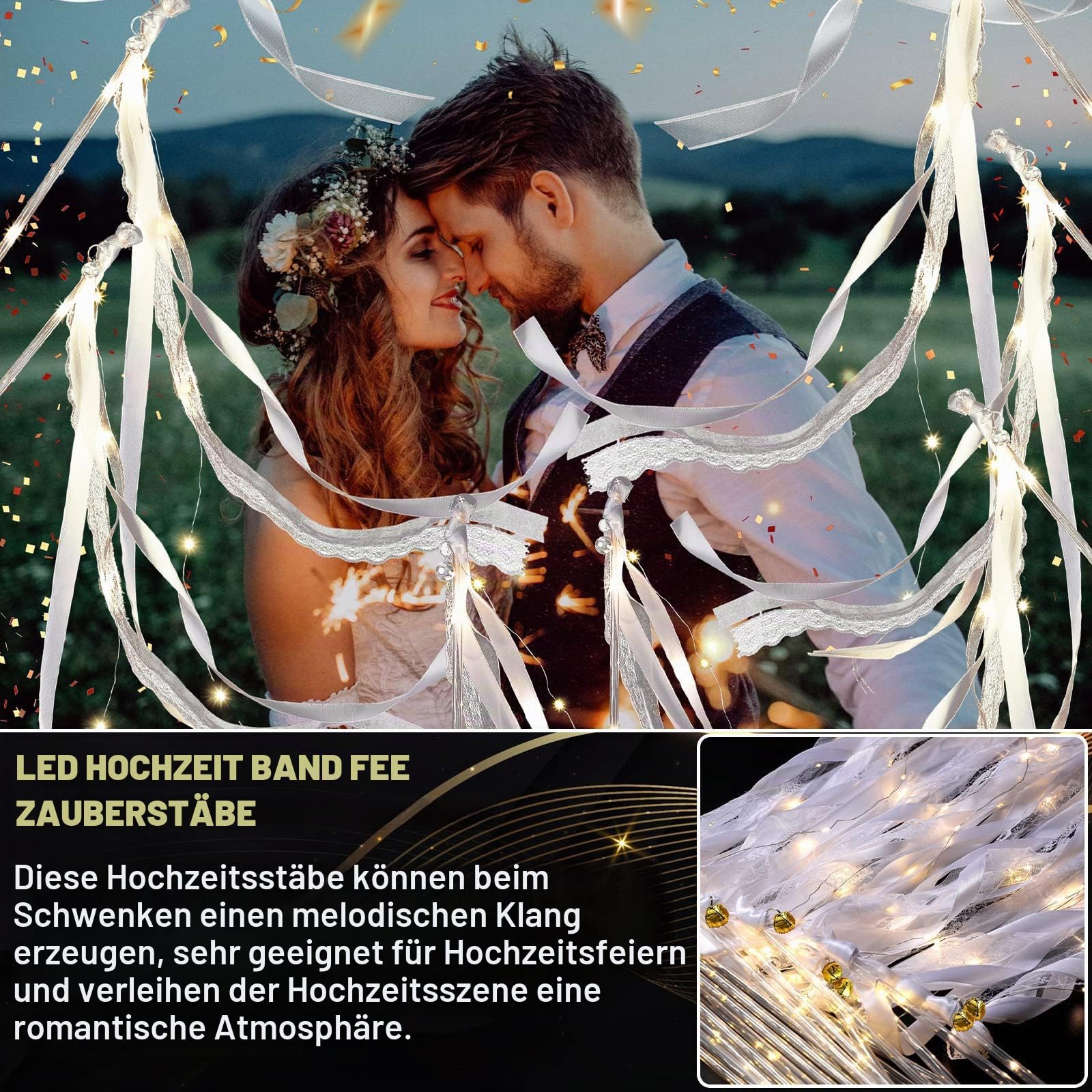 50 stück Wedding Wands Hochzeitsdeko mit LED Warmweiße Glowstick | Hochzeit Leuchtstäbe Set für Zauberstäbe Hochzeitsbändern Luftschlangen mit Glocke fur Hochzeiten Geburtstage Weihnachten
