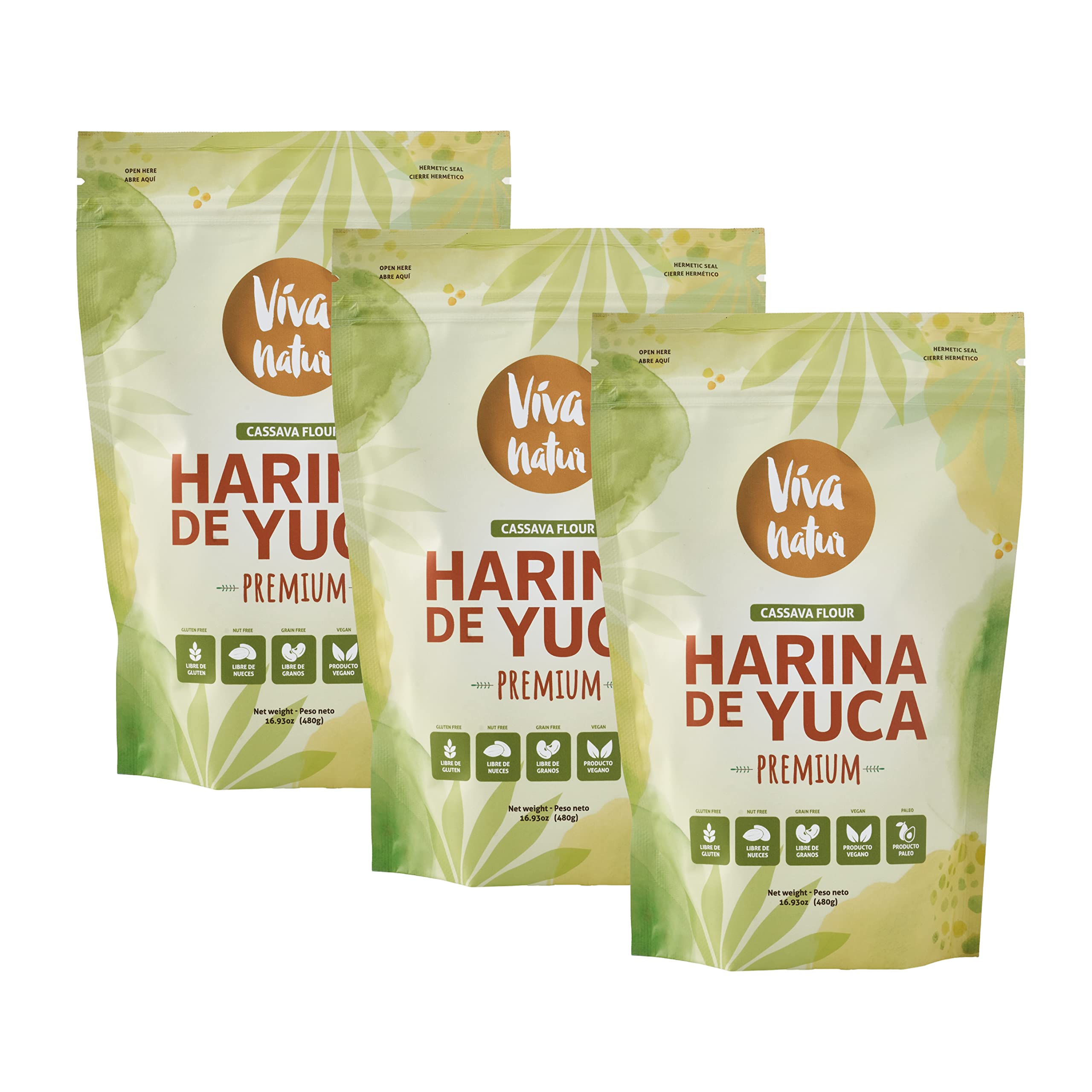 Viva Natur Cassava Flour, Gluten Free and Grain-Free Flour For Baking, Made From 100% Yuca Root, All-Purpose Wheat Flour Substitute, 3 pack 1 lb Bag