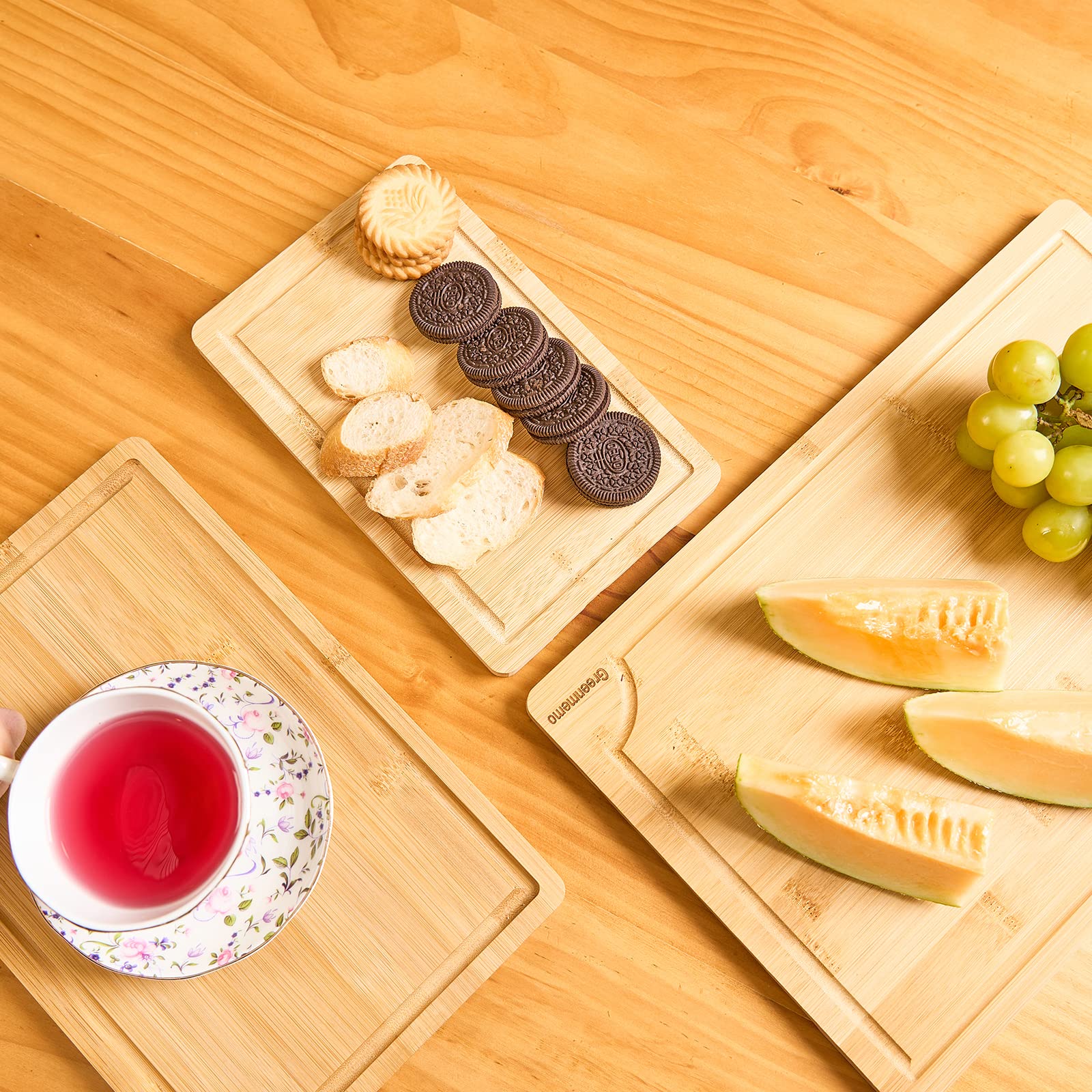 Tablas de cortar de bambú para cocina, tabla de cortar de madera con soporte, juego de tablas de cortar de bambú reversible con ranuras de jugo para carne, queso, frutas y verduras