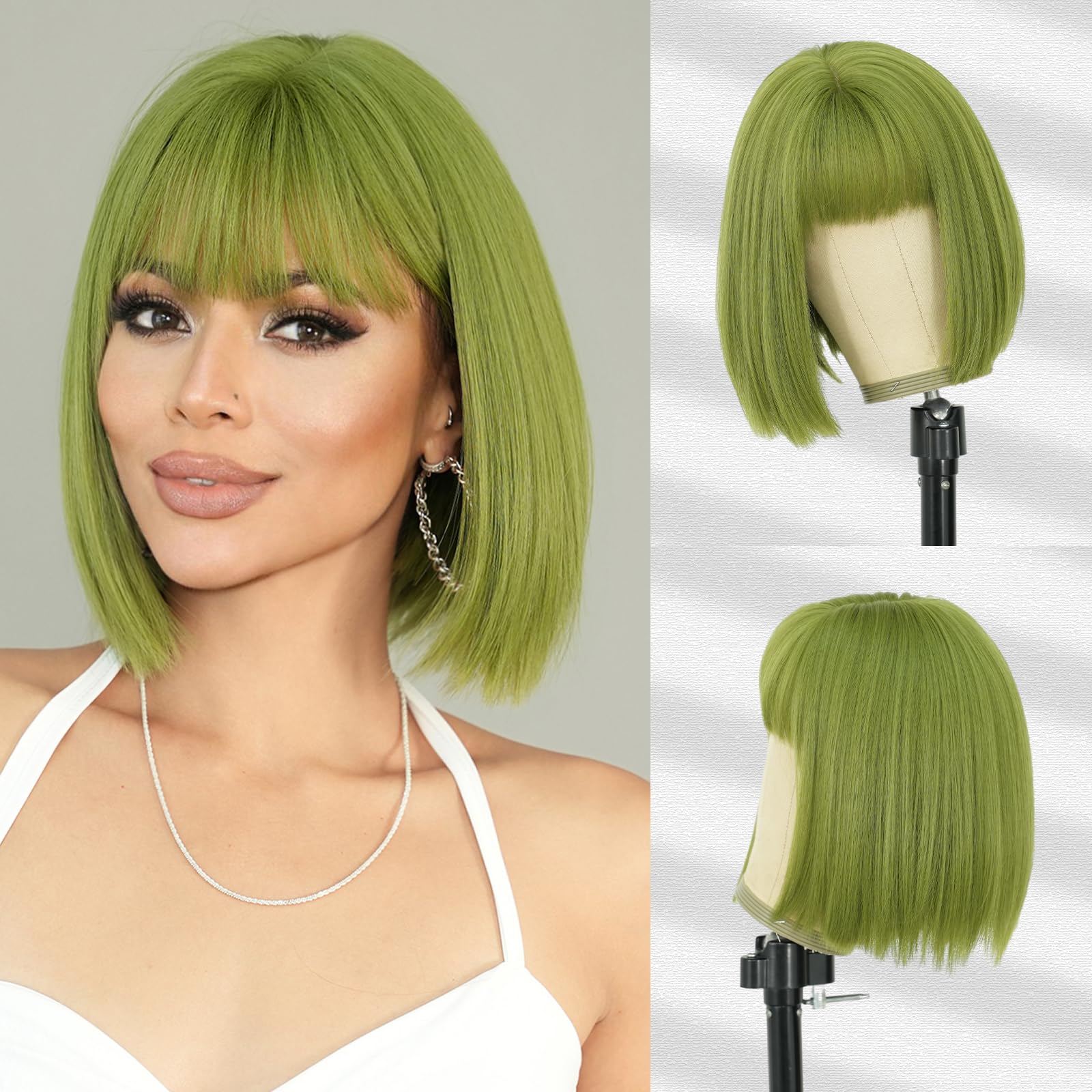 7JHH WIGS Short Straight Wig with Bangs 12in Short Green Bob Wig Synthetic Natural Hair Heat Resistant 150% Density Staight Layered Wig for Women