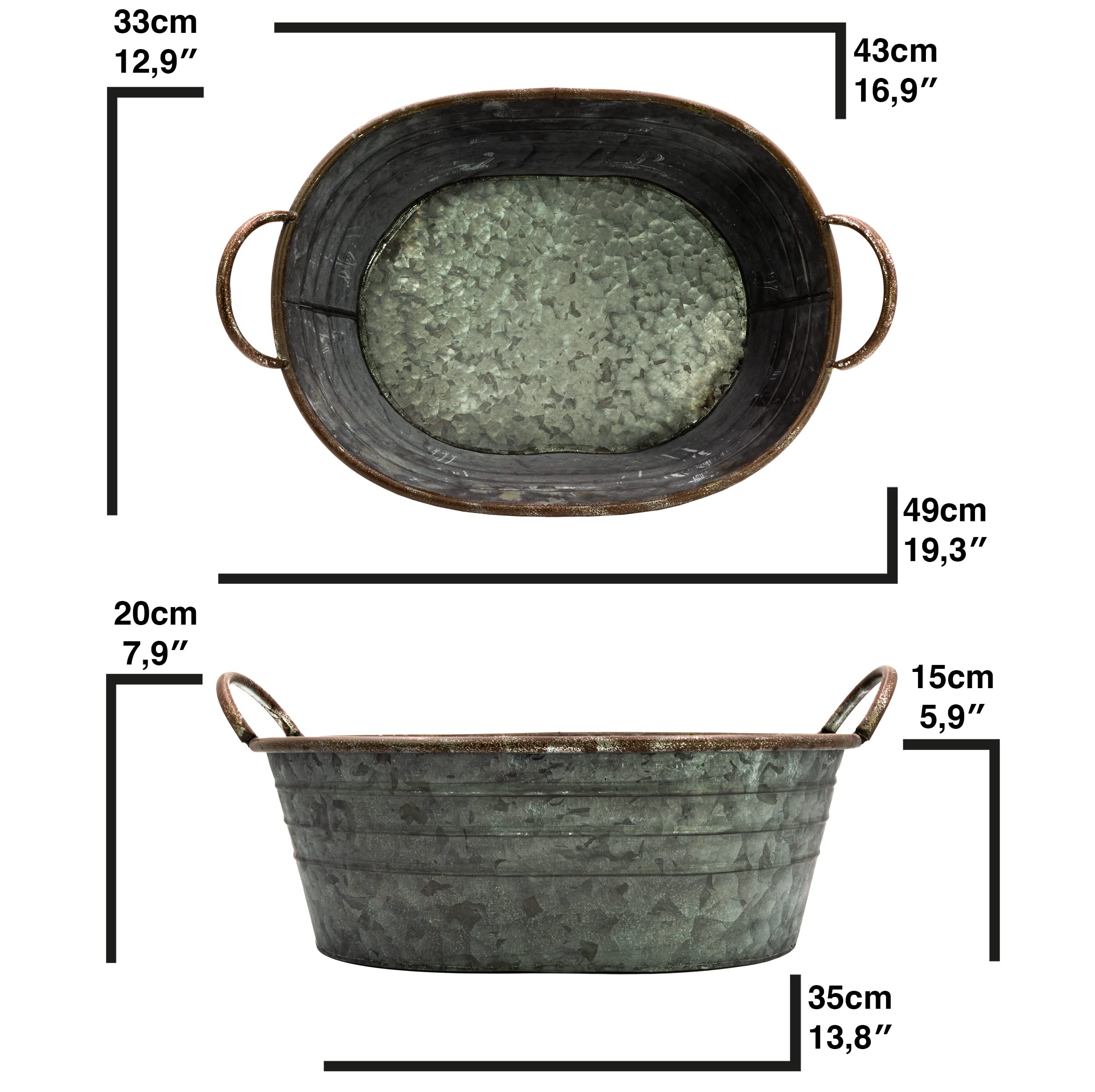 Vasca zincata – Ciotola per piantare – Decorazione da giardino per esterni – Decorazione per matrimoni – Vaso da fiori – Grande fioriera (44 cm)