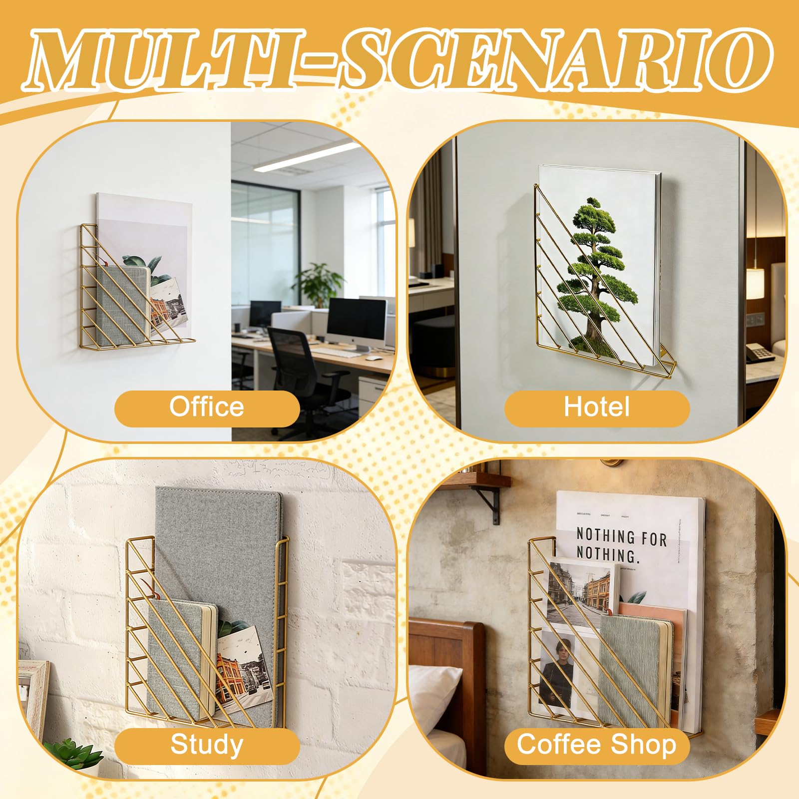 Organizador Pared,Soporte para Revistas Triangular de Metal con Tornillos,Organizador de Oficina que Ahorra Espacio para Salón,Oficina,Escuelas y Bibliotecas(Dorado)