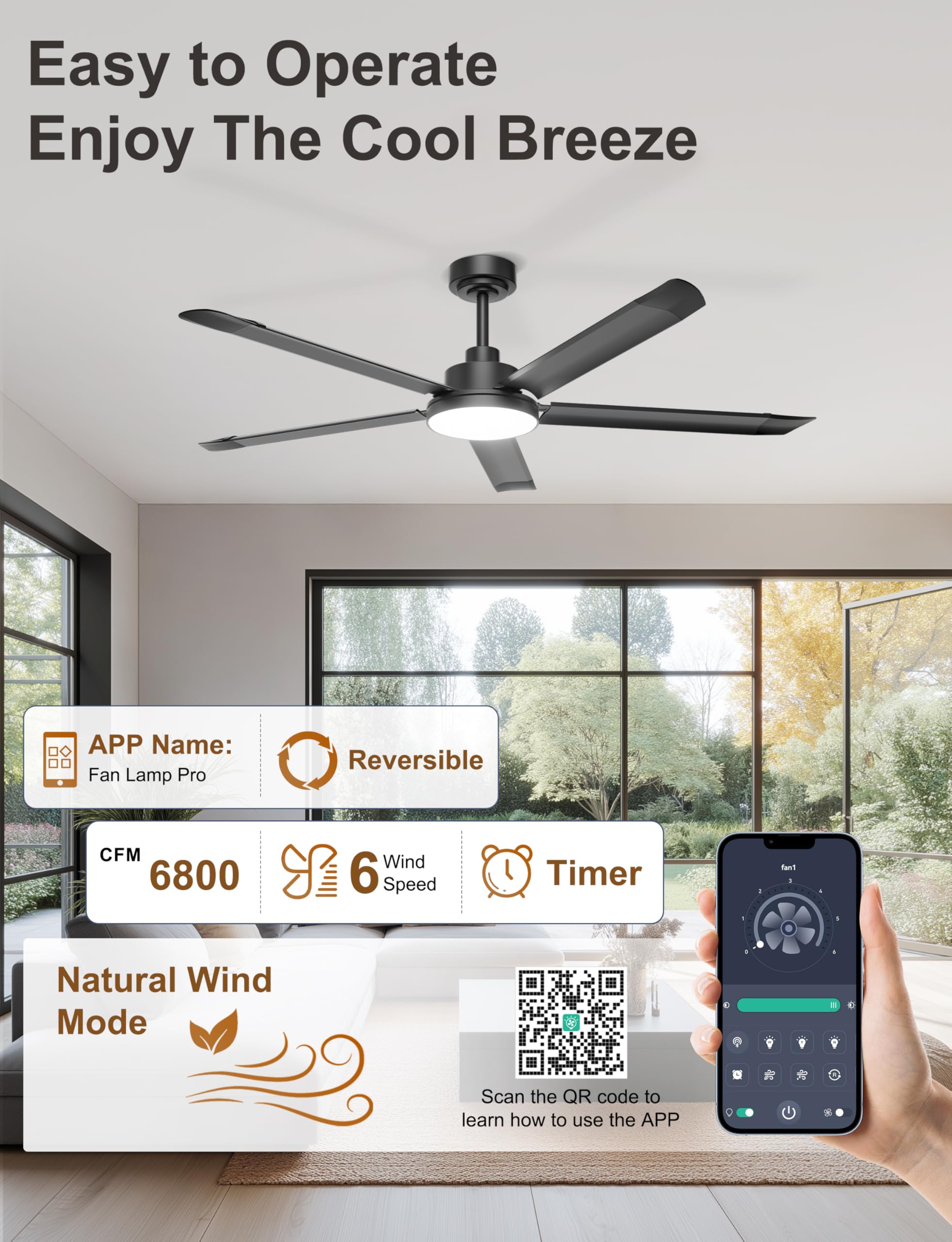 Ohniyou 60'' Ceiling Fan with Lights, Industrial Ceiling Fan with 5 Aluminum Blades, App/Remote Controlled, Dimmable, for Outdoor Patio, Living Room, Black - 5