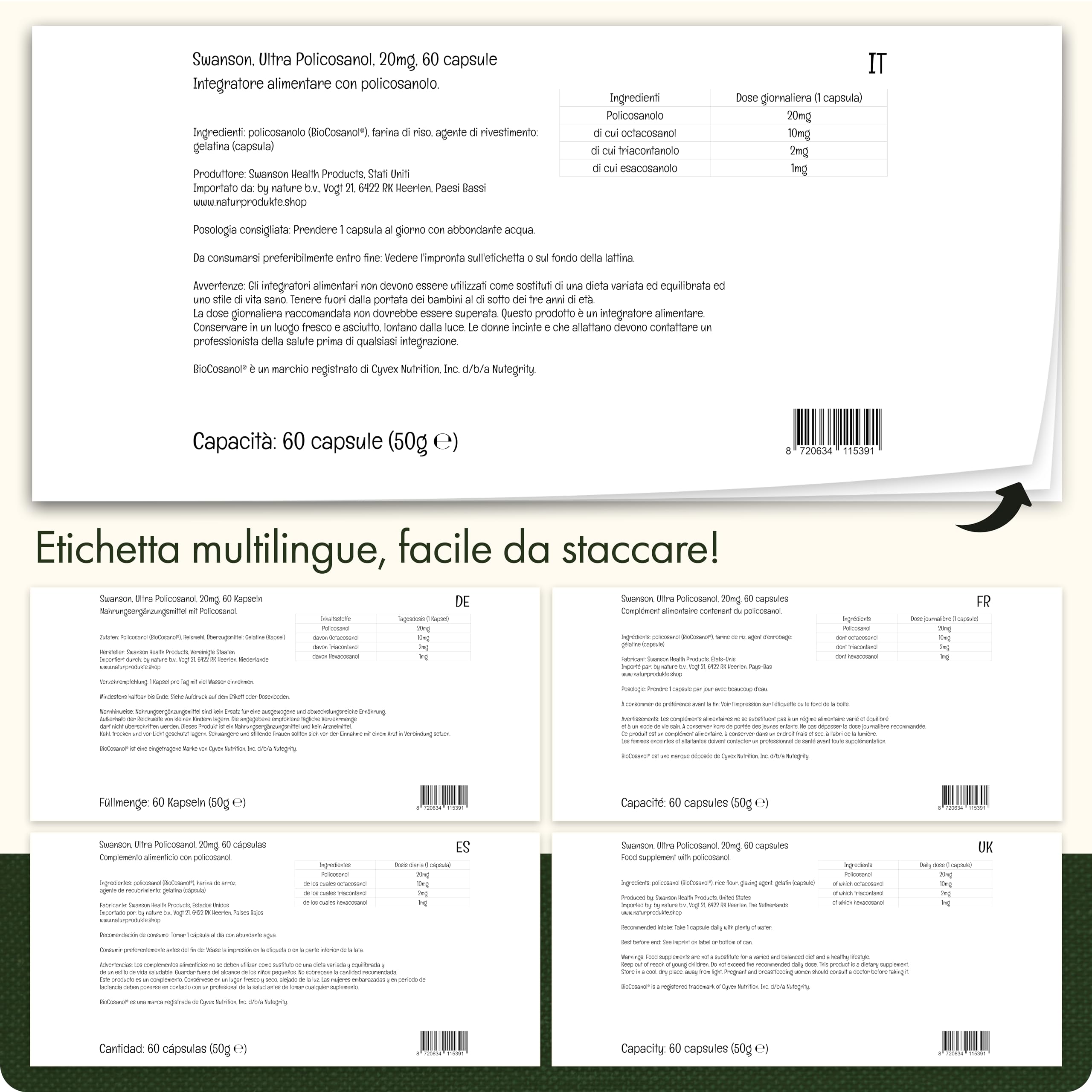 Swanson Policosanol, 20mg, estratto dalla canna da zucchero, alta dose, 60 capsule, Testato in Laboratorio, Senza Glutine, Senza Soia, Non OGM
