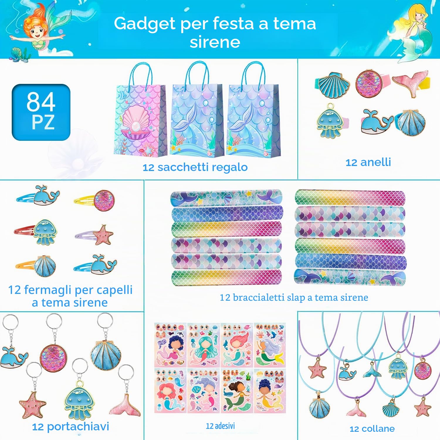 Bambini Sirena Bomboniere Festa, 84pcs Set Sirene Regalo Borsa Portachiavi Adesivi Braccialetti Slap Forcina Gadget Compleanno Bambina