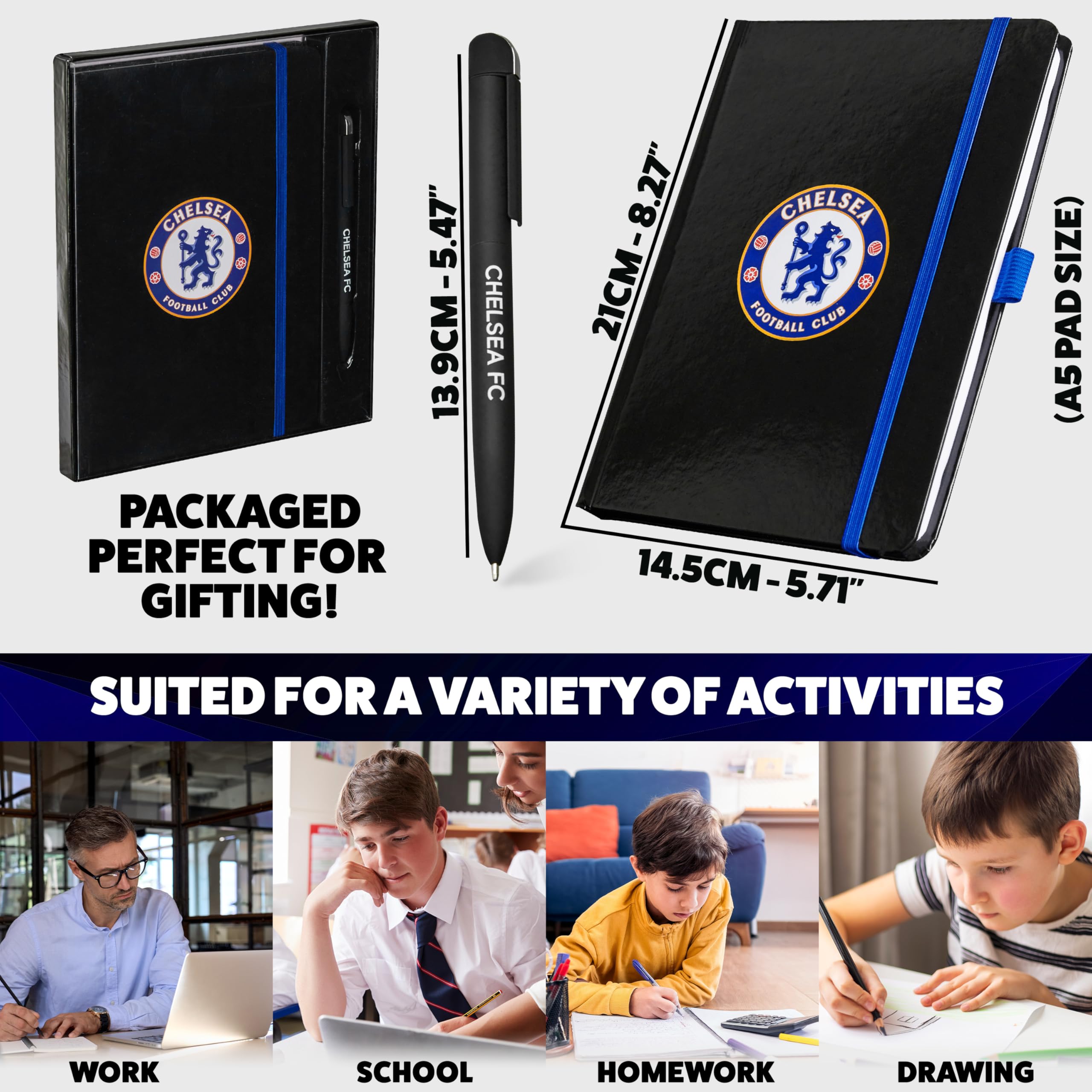 Chelsea F.C. Ensemble de papeterie avec carnet ligné et stylo à bille, fournitures de papeterie, cadeaux de bureau pour homme