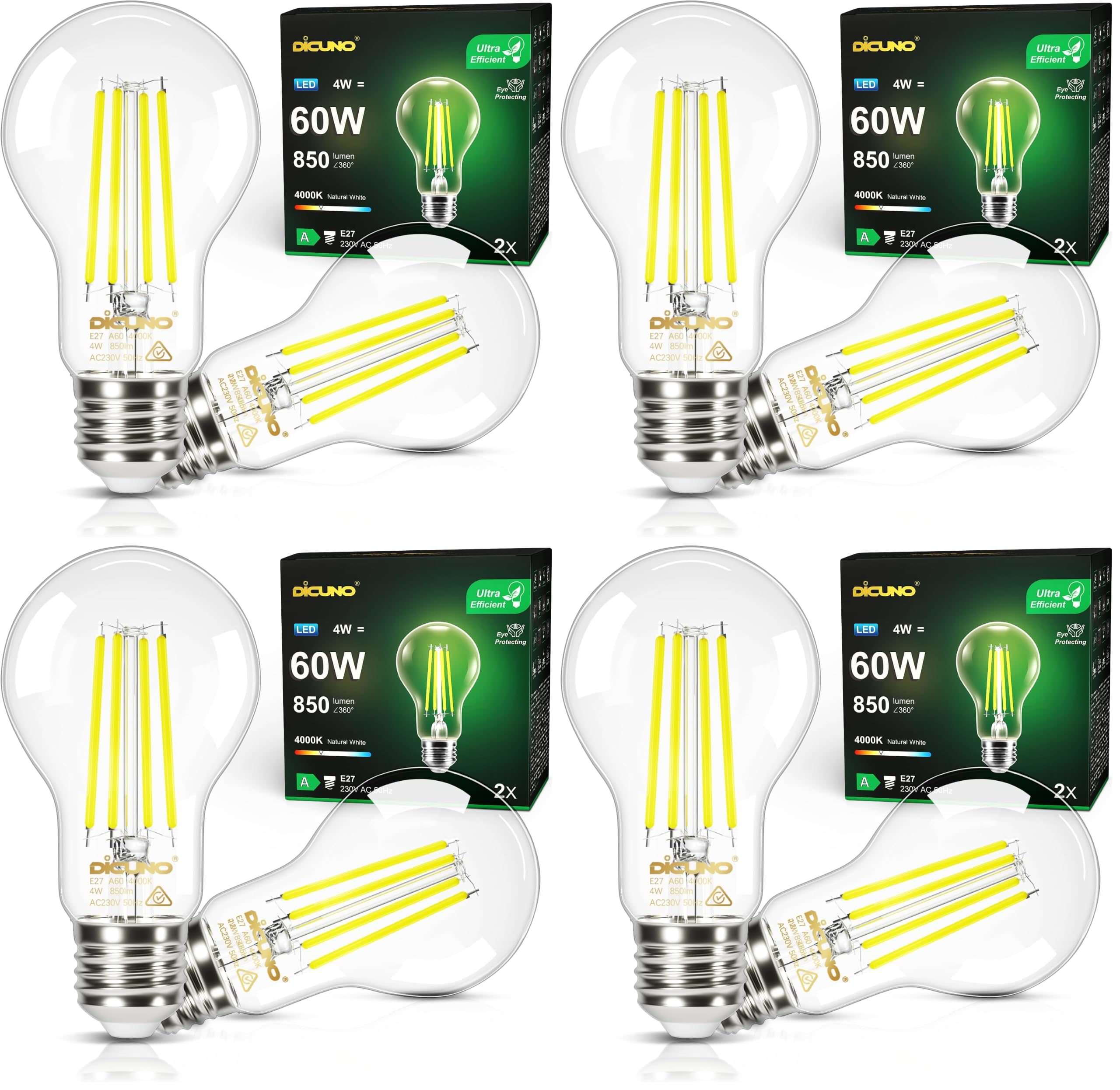 DiCUNO Lampadina LED E27 UltraEfficient Classe A, 4W:60W, 4000K, 2 Pezzi (Confezione da 4)