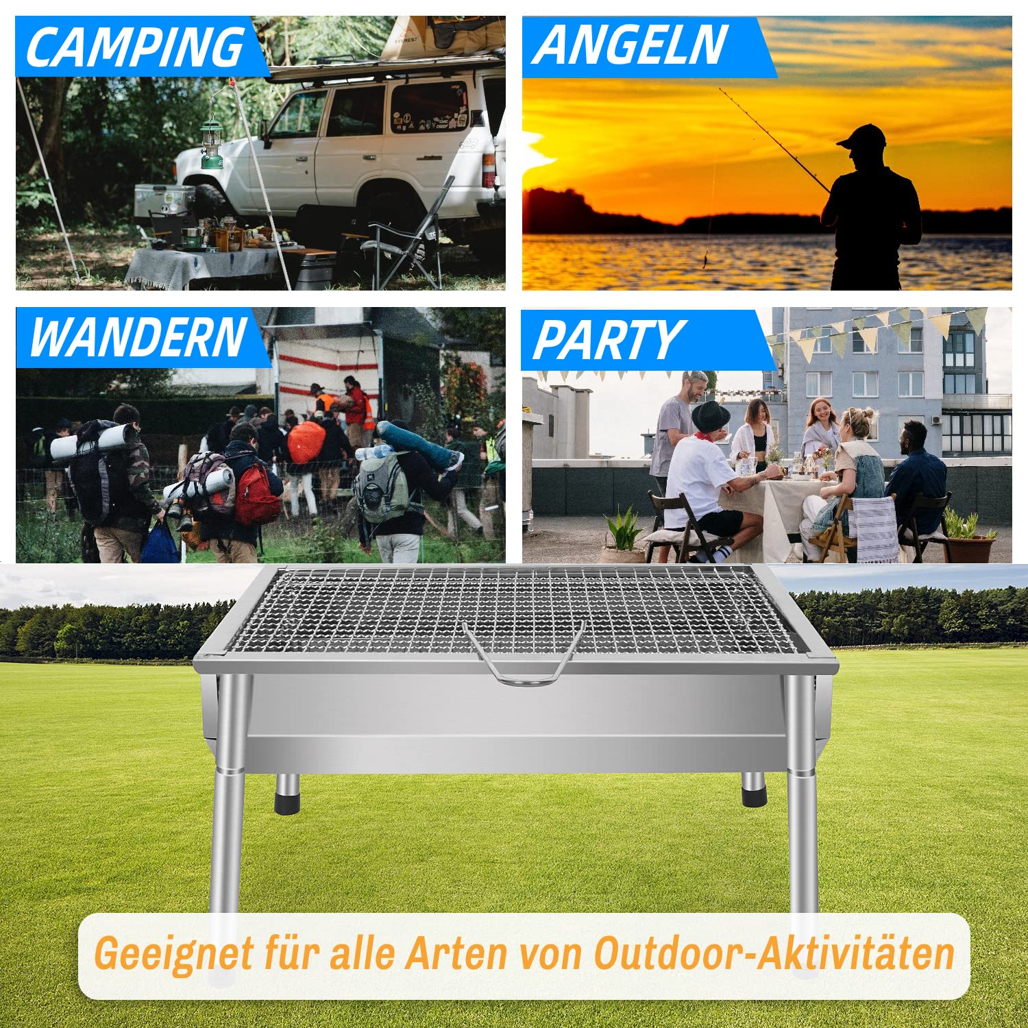 Picknickgrill Edelstahl Holzkohlegrill Kleiner Grill Holzkohle Tragbare Cmapinggrill Abnehmbare BBQ Grills für Outdoor Garten Party, 40 x 28 x 21,5 cm