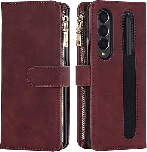 Miniatura 7 de Funda para Galaxy Z Fold 4, funda tipo cartera con soporte para bolígrafo S, 9 tarjeteros, 1 billetera con cremallera, 2 ranuras para efectivo,