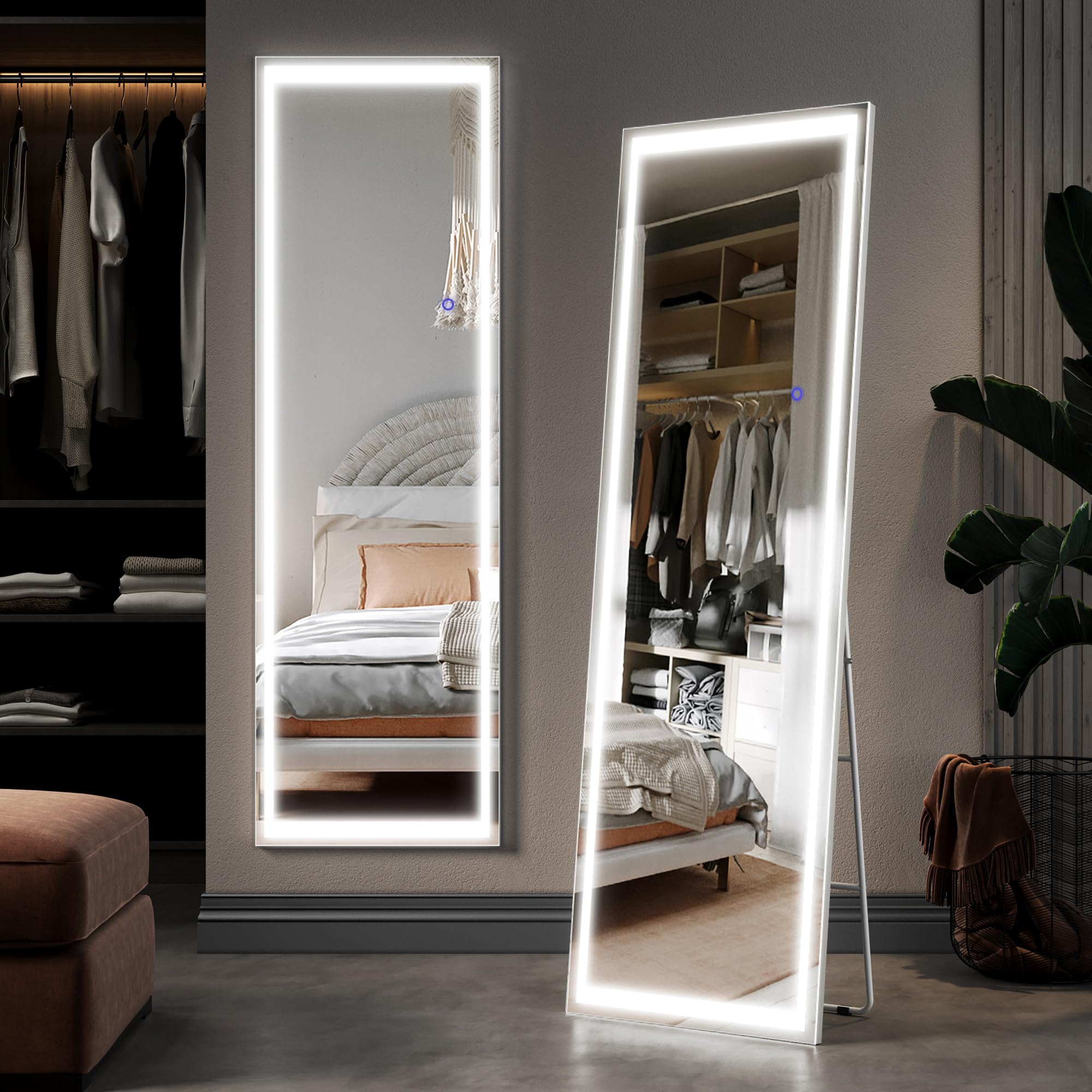 ELEGANT LED Full Length Dressing Mirror with Lights, 160x50 cm Standing Floor Mirror with Dimming & 3 Color Modes, Large Leaning or Wall Mounted Mirrors for Bedroom