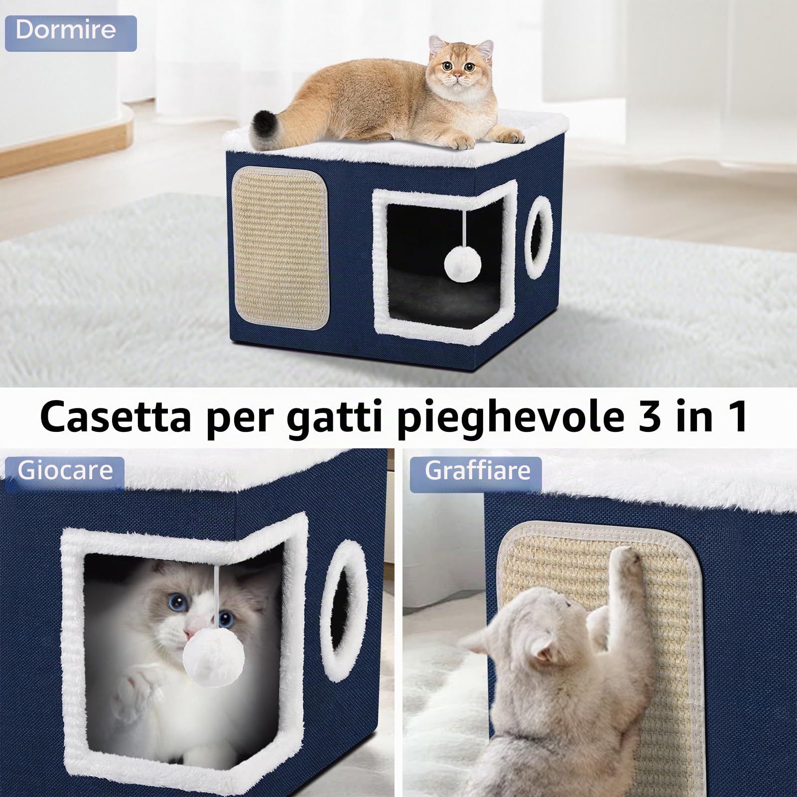 Cuccia per gatti pieghevole per Gatti indoor, 43*43*32 cm, grande cuccia per gatti con accogliente cuccia, palla sospesa, finestra rotonda, cubo per gatto a 2 strati con morbidi cuscini bifacciali,Blu