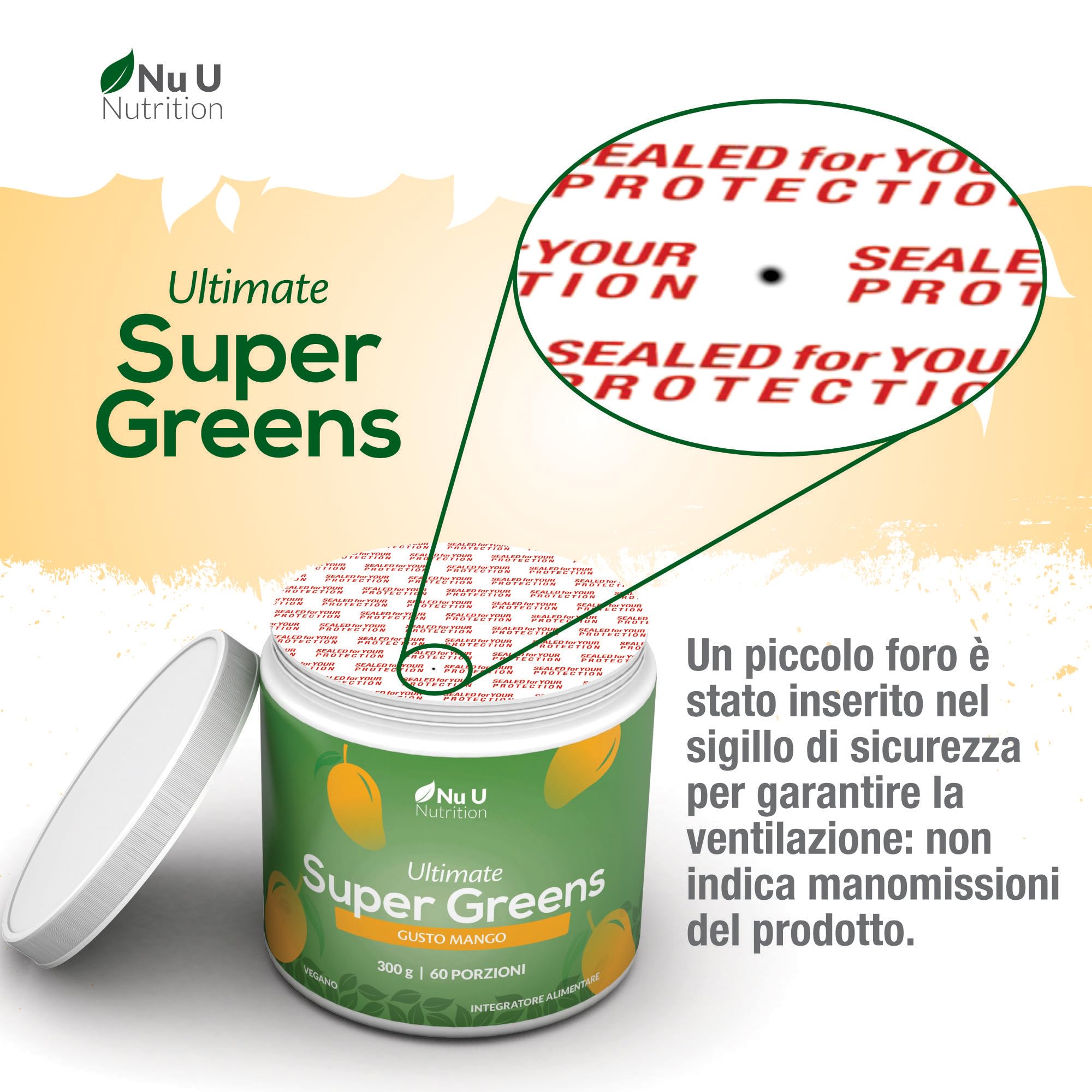 Super Greens | Mango | Polvere 300g – 17 Ingredienti Superfood Attivi – 60 Porzioni – Con Inulina, Spirulina, Clorella, Radice di Maca – 100% Vegano – Nu U Nutrition