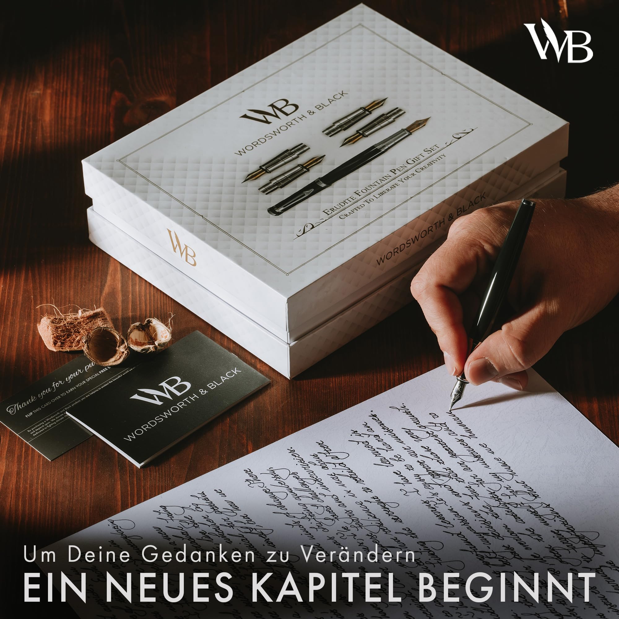 Wordsworth & Black Füllfederhalter-Geschenkset, beinhaltet Tintenflasche, 6 Tintenpatronen, Tintenauffüllkonverter, 4 Ersatzfedern, Premium-Paket, Journaling, Kalligraphie, [Grüner Chrom]