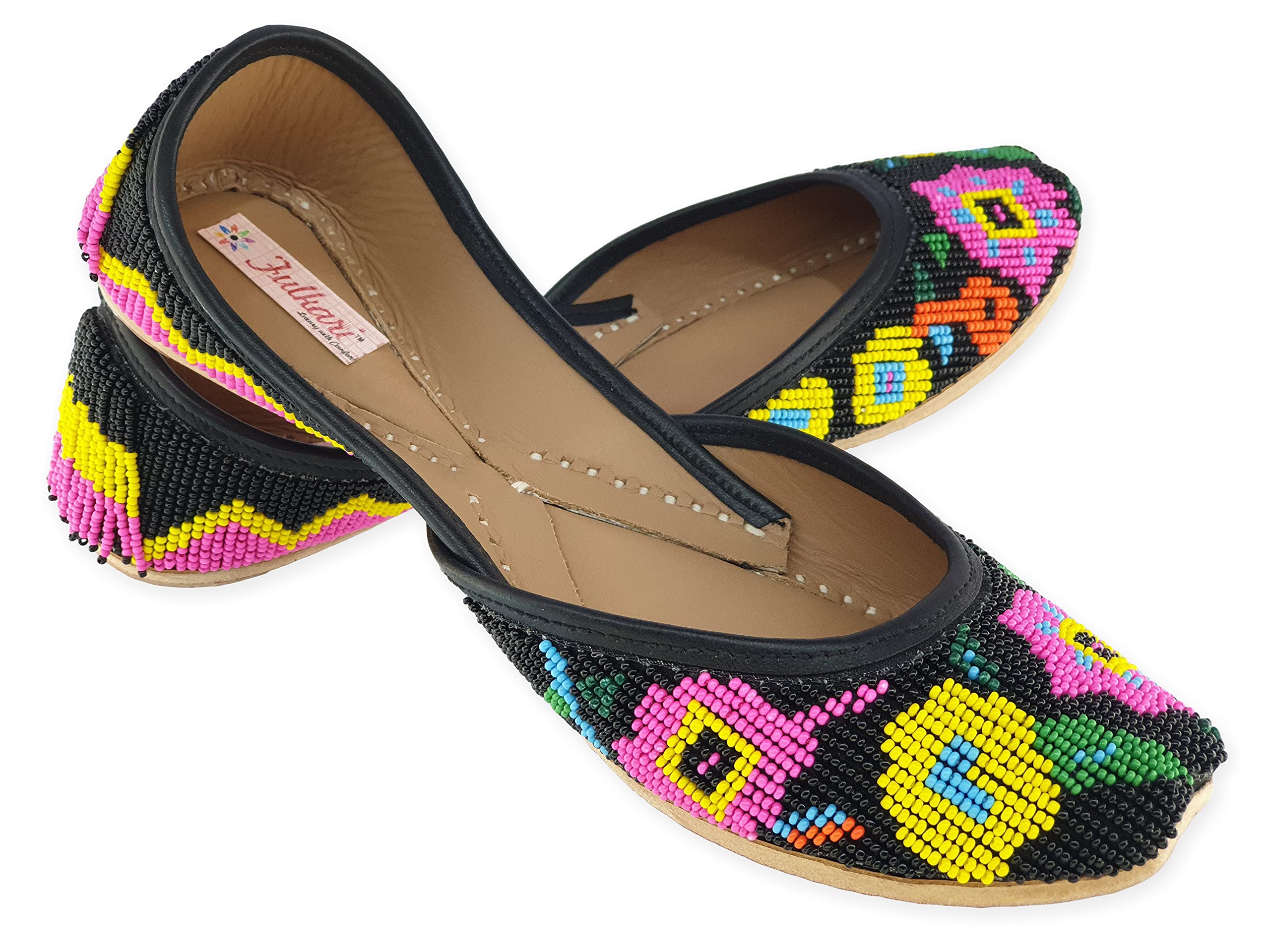 FulkariWomen's Poppy Beads Multi Flower Genuine Soft Leather Jutis | Bite and Pinch Free Juttis | Punjabi Formal Jutti | Girl's Wedding Flat Jooti Ladies Mojari | Bridal Ethnic Flats Juti |