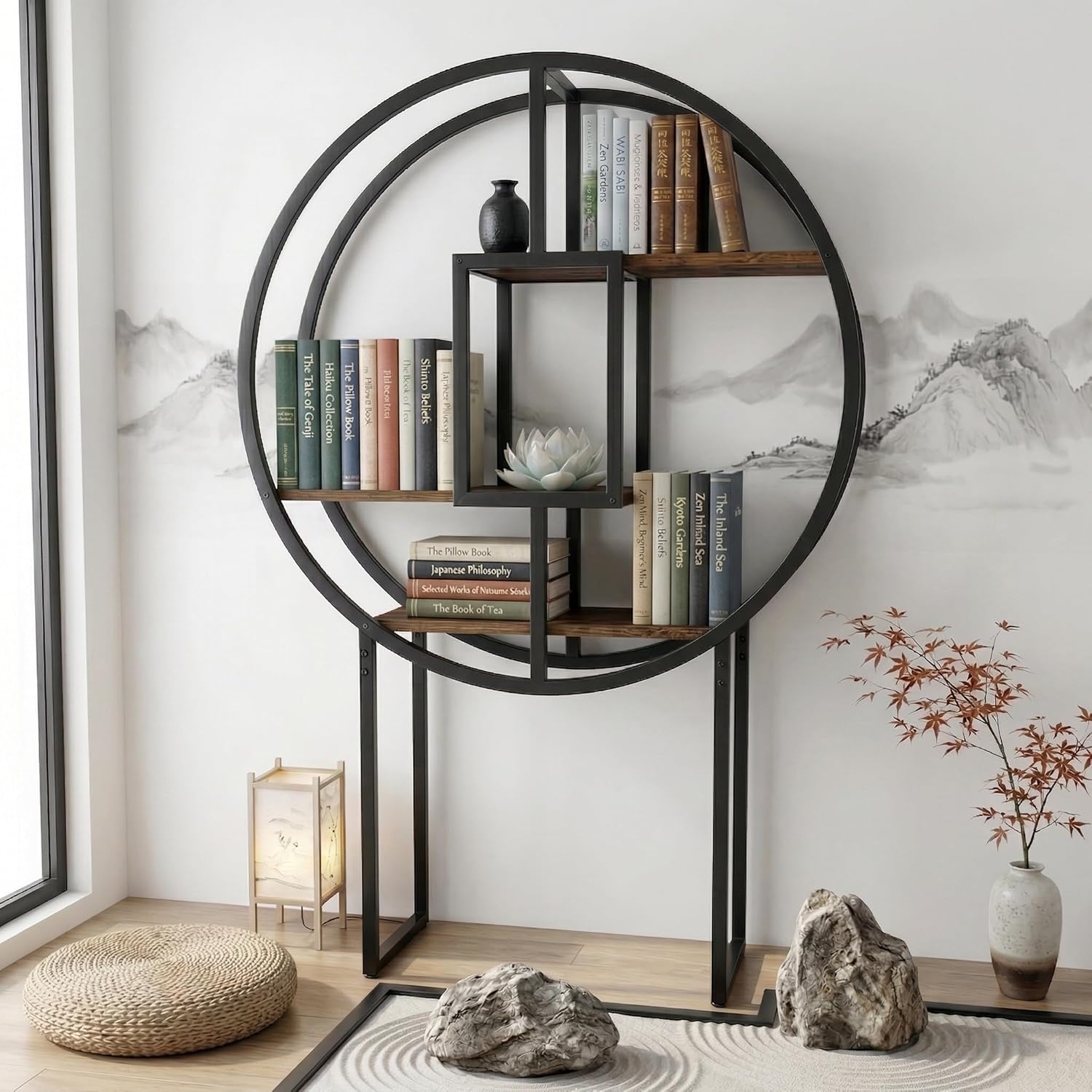 OFFICEROO Round Etagere Bookshelf 4ft 3in – Modern Asian Inspiration Circular Bookcase Shelf, Tall Circle Bookshelf & Round Shelf Standing for Living Room Display