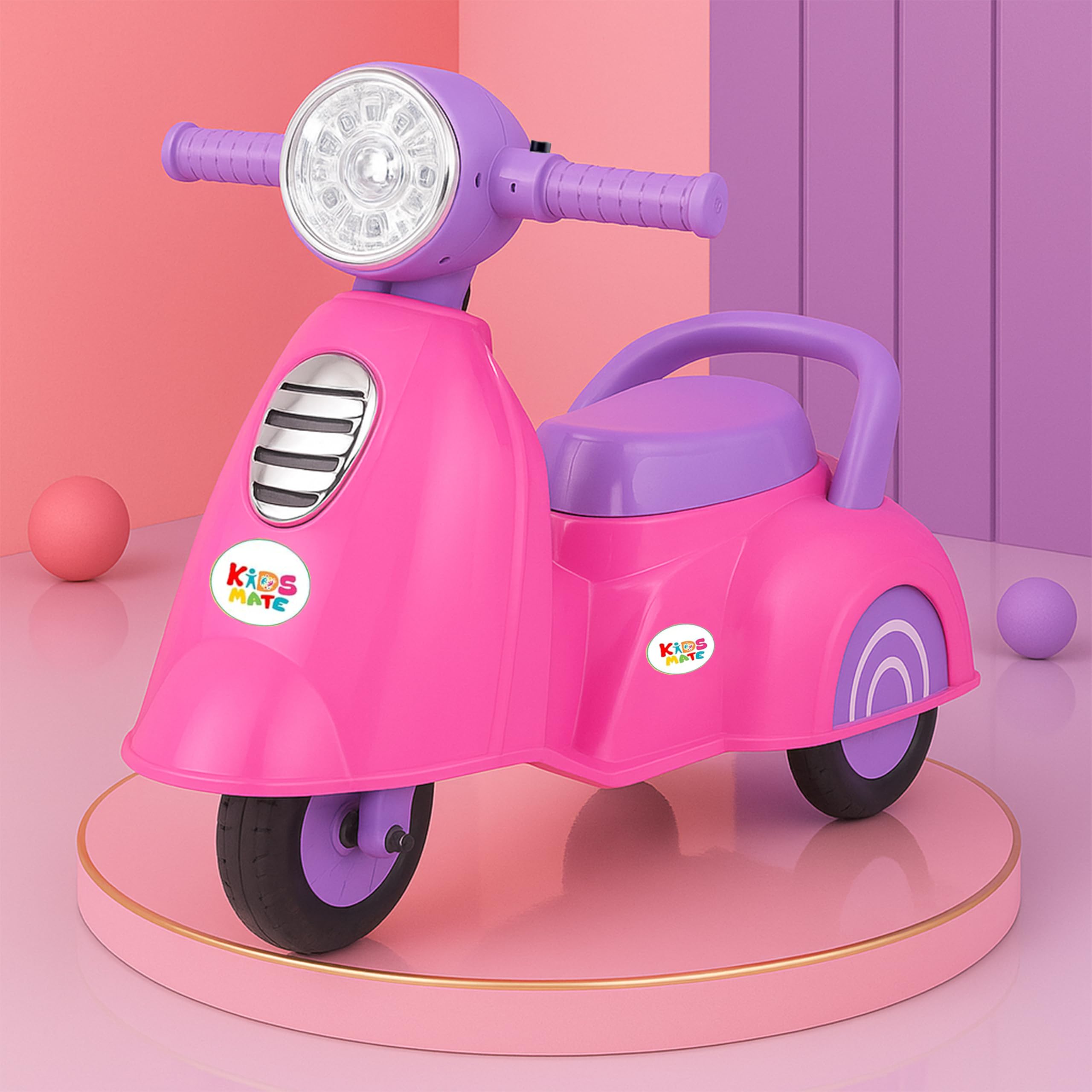 Kidsmate Rhino Push Scooter: A Fun Ride On Experience with Music & Light for Kids | Boys/Girls Age 1-3 Years | Exciting and Safe Outdoor Toy (Pink/Purple)