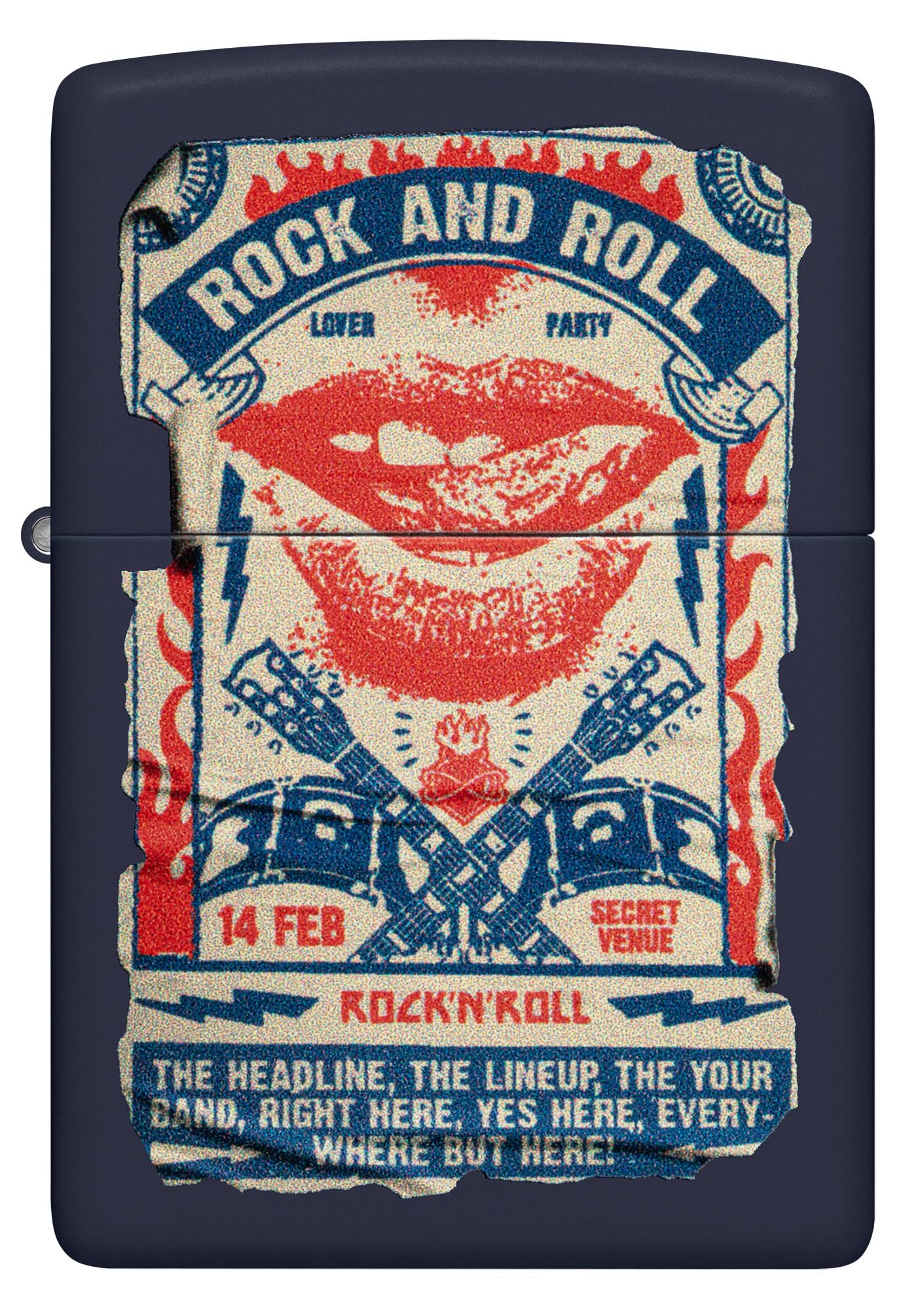 Zippo Encendedor a Prueba de Viento - Rock & Roll Poster - Acabado Azul Marino Mate, Color Image - Recargable - Reutilizable - Diseño a Prueba de Viento - Caja de Regalo - Hecho en EEUU