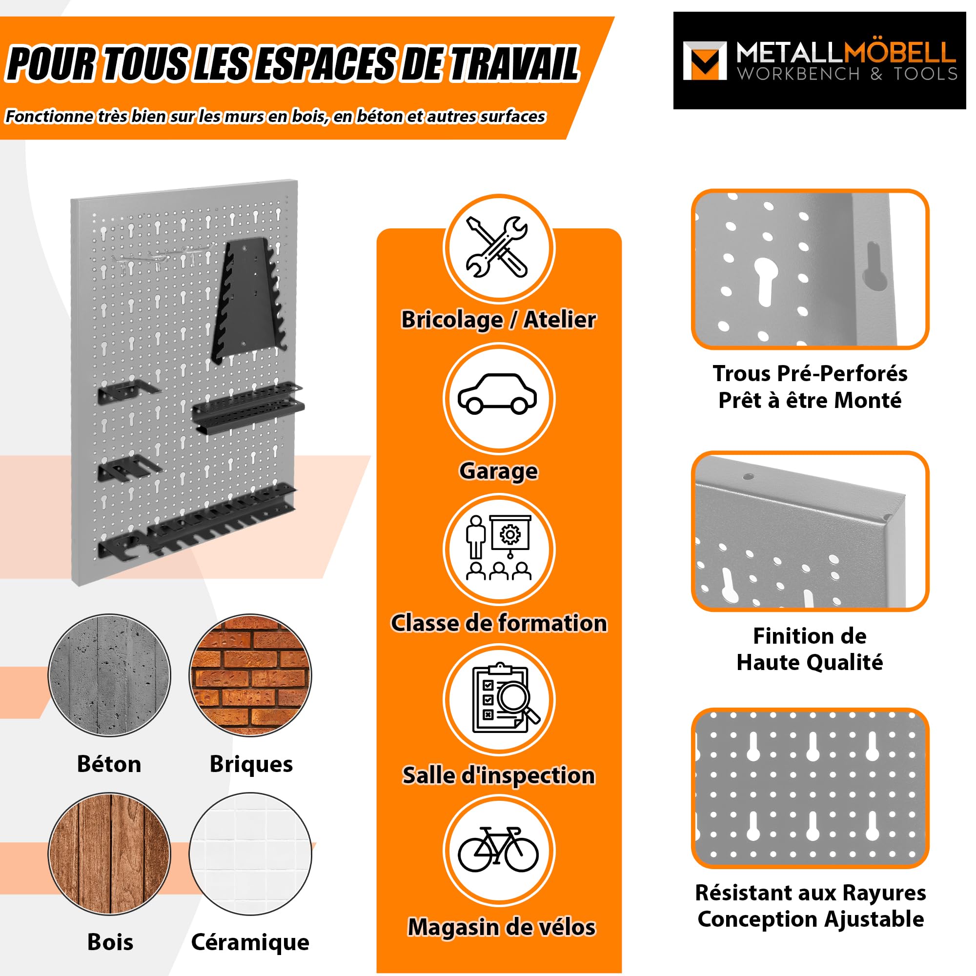 METALLMOBELL - Rangement Outils Mural 160x60x2cm, 4 Panneau Perforé Mural 40x60x2cm, Crochets et Supports, Etagere Rangement Garage pour Bricolage Outillage, Etagere Garage HPTH01G