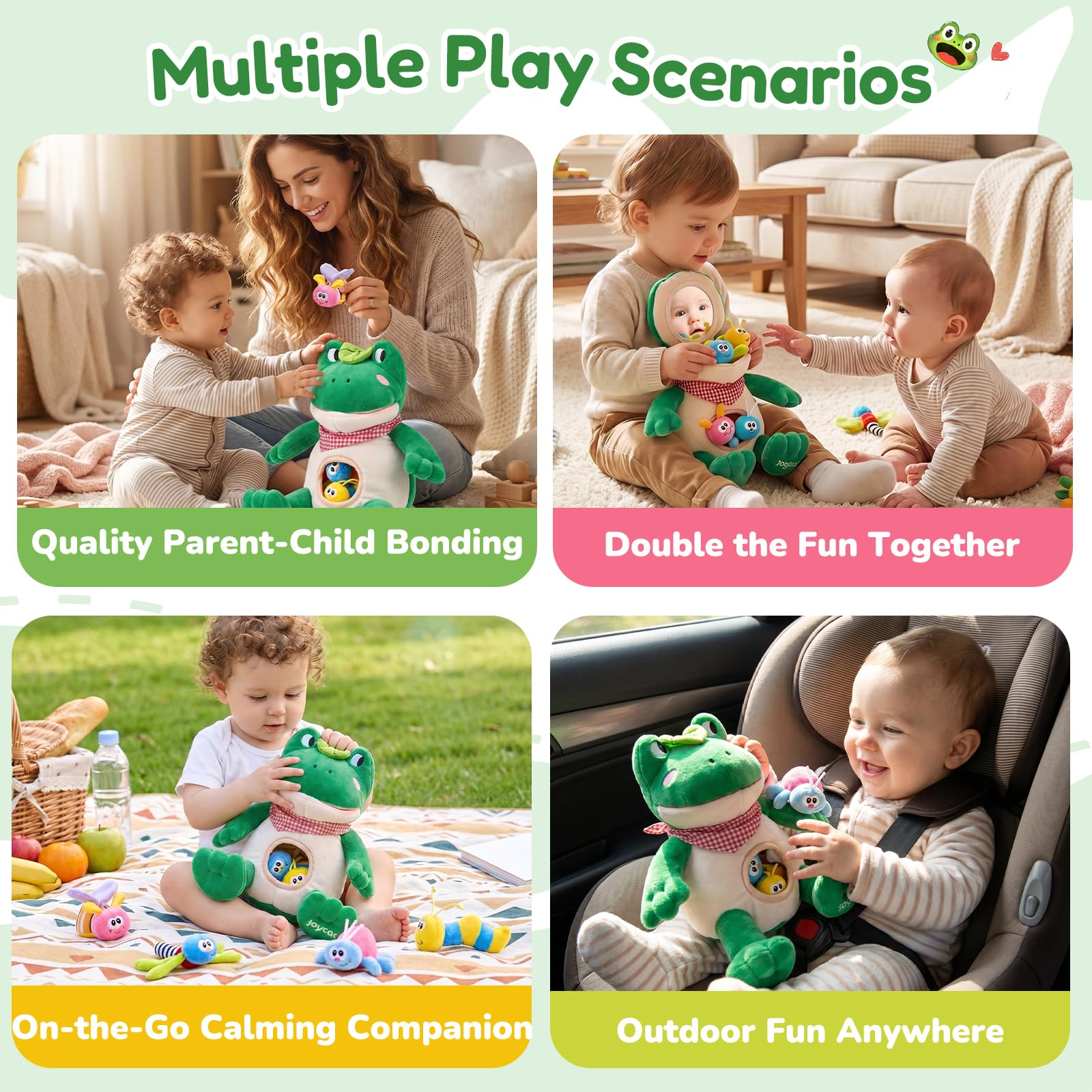 JoyCat Jouets pour Bébés 3 à 18 Mois - Jouet Montessori Grenouille avec 4 Insectes sensoriels, Hochet, Papier Froissé, Couineur et Miroir Bébé - Jouets Montessori pour Enfant 6 7 8 9 10 Mois, Cadeau