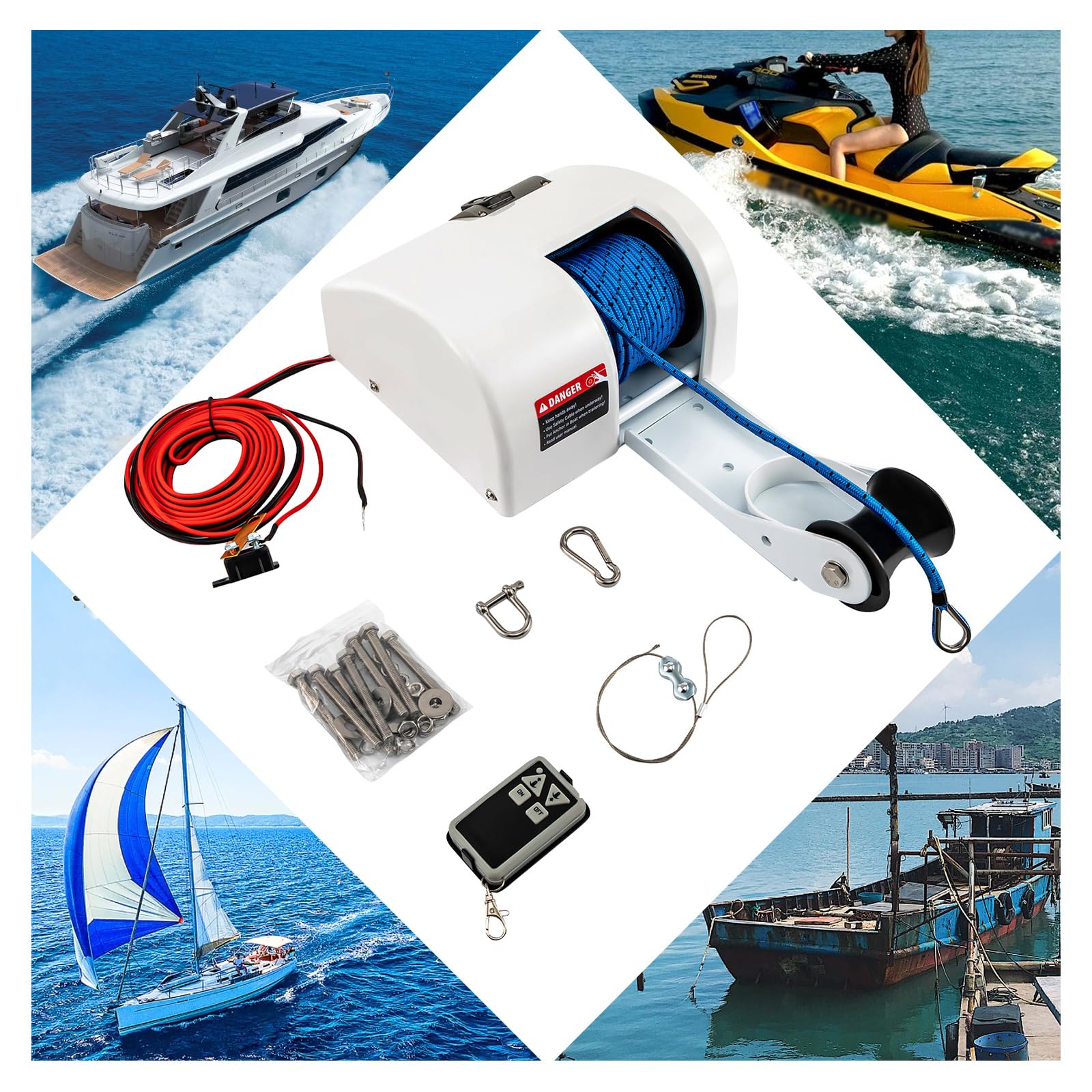 Elektrische Ankerwinde 12V, 25LBS Elektrische Seilwinde für Boote mit Drahtloser Fernbedienung, Robuste und Wireless Control Marine Boot Zubehör, Süßwasser Salzwasser Bootswinde für Anker