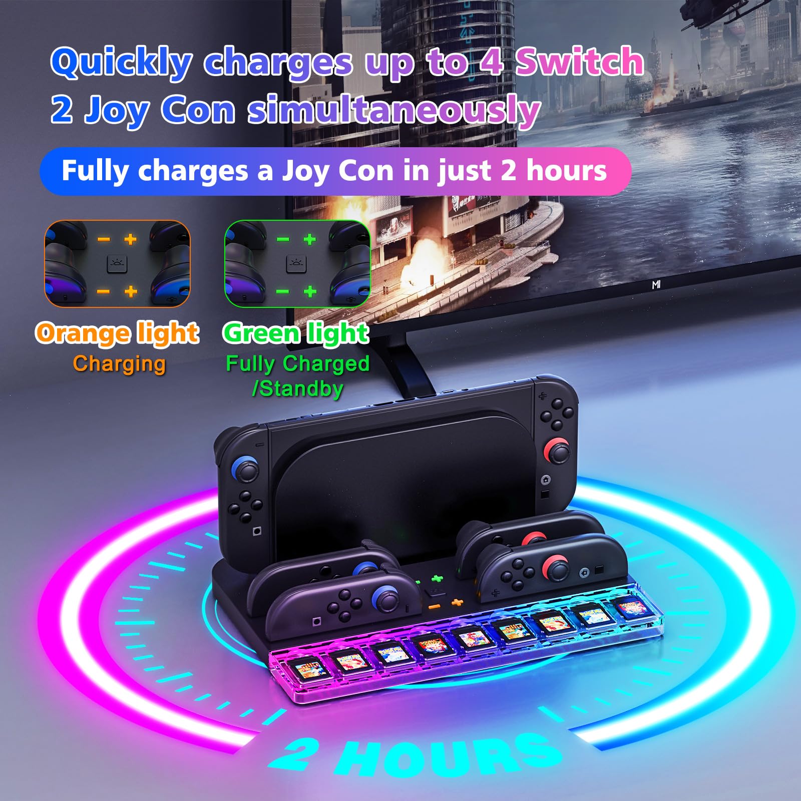 Stazione di Ricarica Joy Con Switch 2 (2025), Stazione di Ricarica per Controller Switch 2 con 7 Luci RGB, Ricarica 4 Impugnature Switch 2, Contiene 9 Schede di Gioco Switch e Accessori per Console Sw