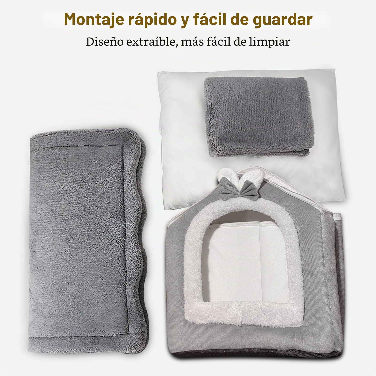 Galatée Cama De Cueva De Gato, Cama Lavable para Perros, Iglú De Felpa Cálida y Acogedora para Gatos, Casa para Mascotas Plegable, Cama para Mascotas con Fondo Antideslizante(S, Conejo Gris)