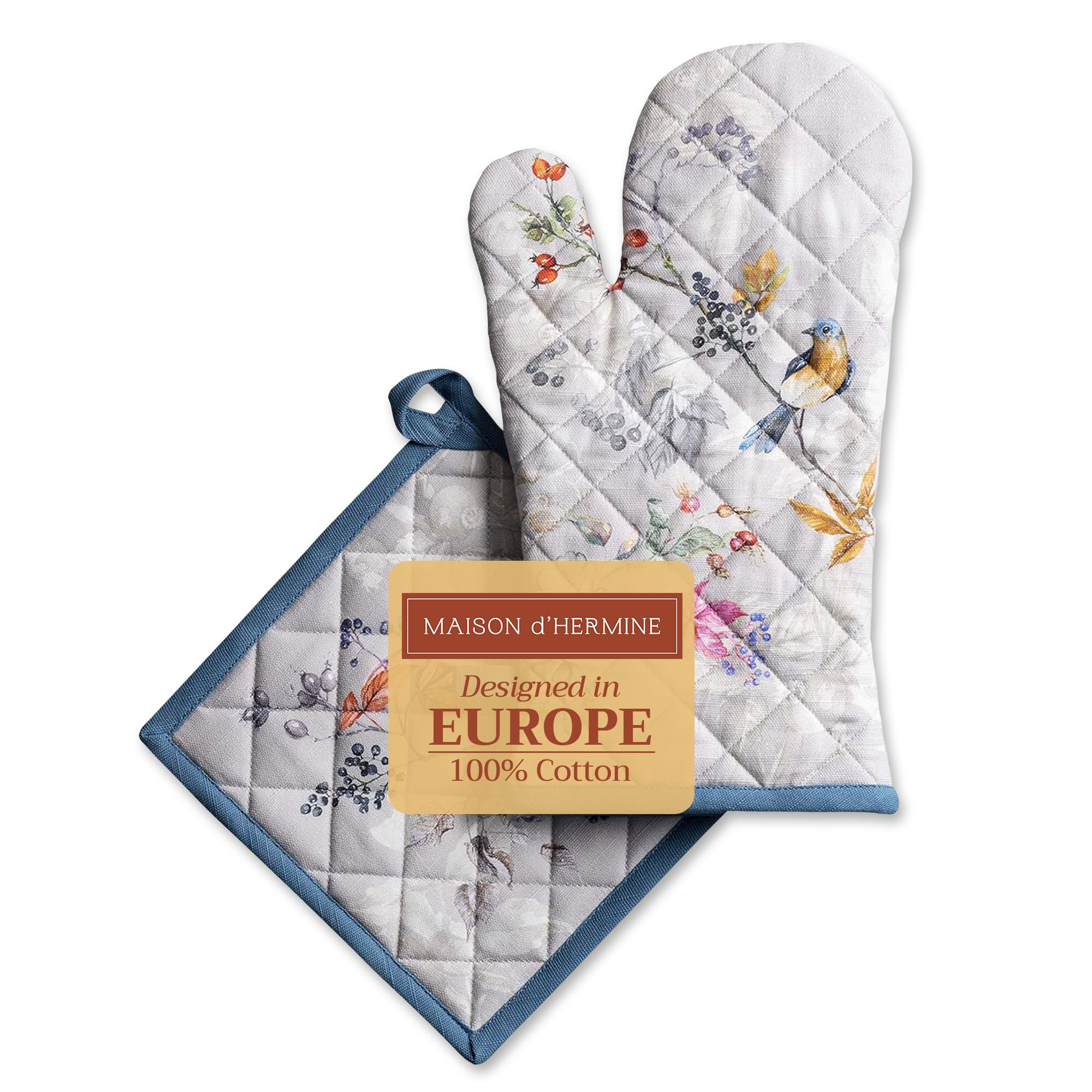 Maison d' Hermine 100% Cotton Oven Mitt & Pot Holder Set (7.5"x13" & 8"x8") Heat Resistant BBQ Cooking Gloves with Loop for Thanksgiving Christmas