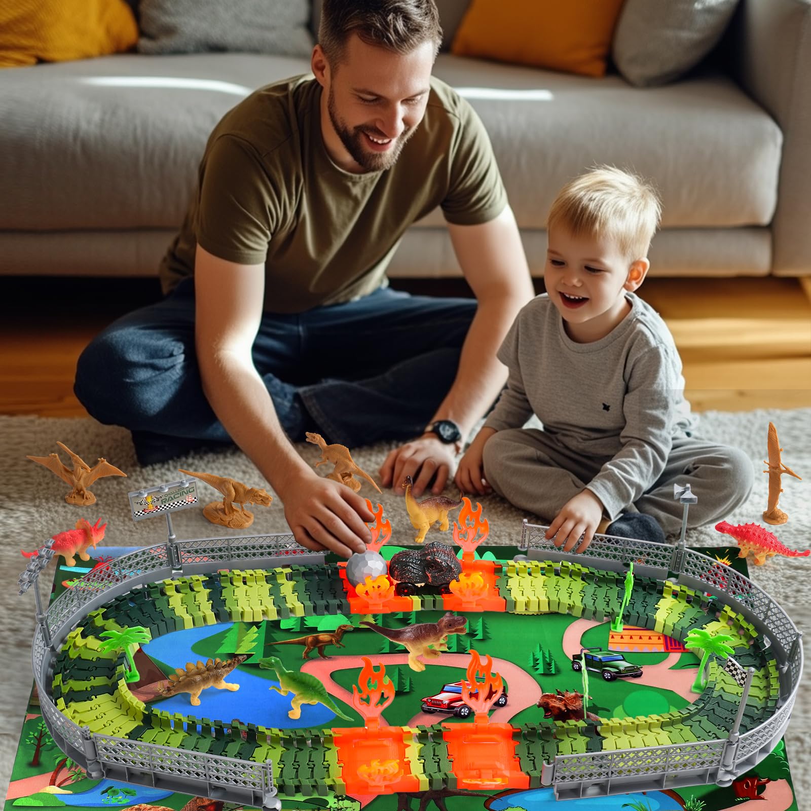 Circuit Voiture Enfant - Jouet Enfant 3 4 Ans Voiture Éducatif Dinosaure Flexible Tracks Dinosaure Circuit Cars de Piste 96 Pièces, Jouet Garçon 3 4 Ans Cadeau Garcon Fille 3 4 5 6 Ans