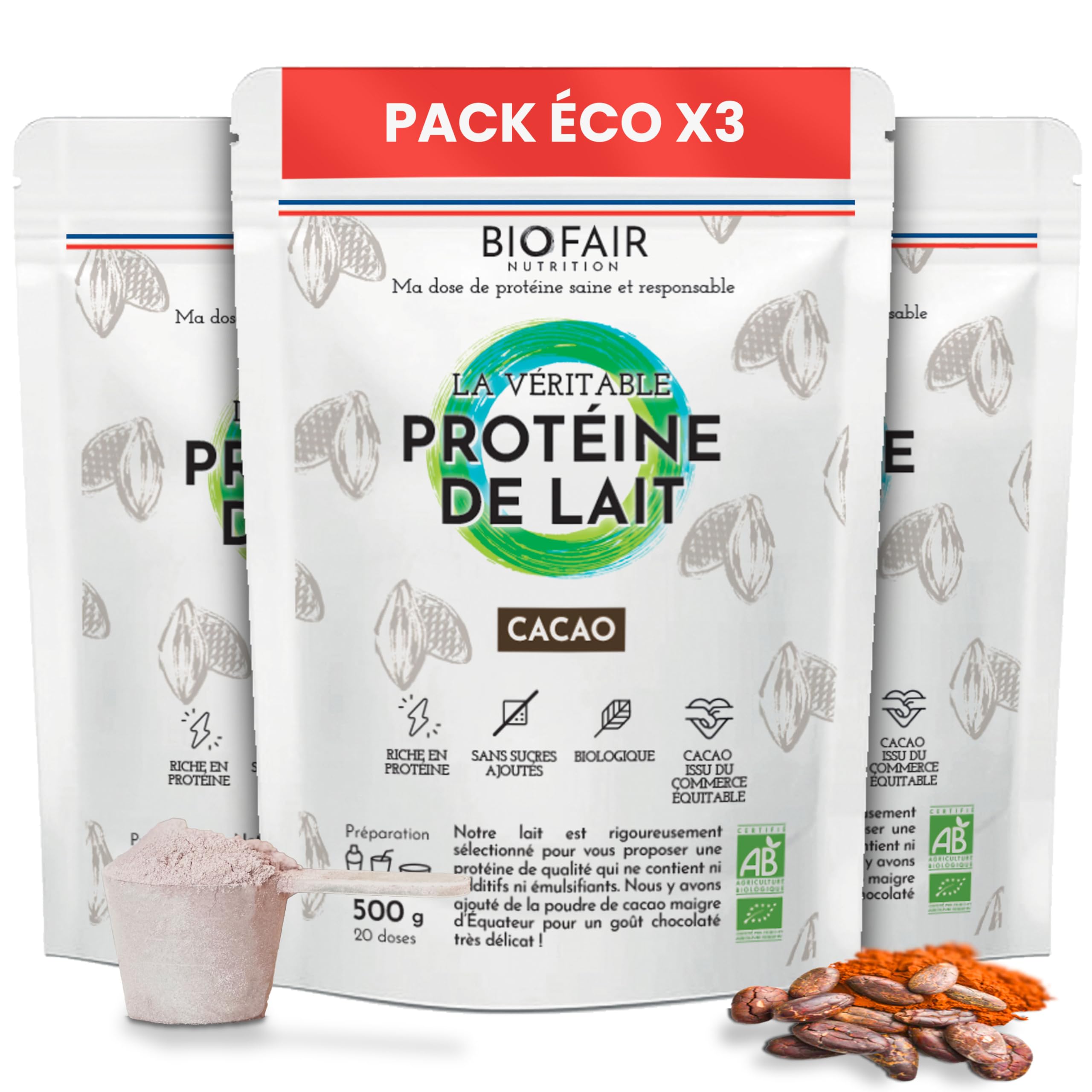 BIOFAIR ODŻYWCZENIE - ECONOMICZNY FORMAT 3 SACHES - Organiczne białko serwatkowe Kakao - 500g /20 dawek - 18,5 g białka/dawka - Moja dawka zdrowego i odpowiedzialnego białka - Wyprodukowano we Francji