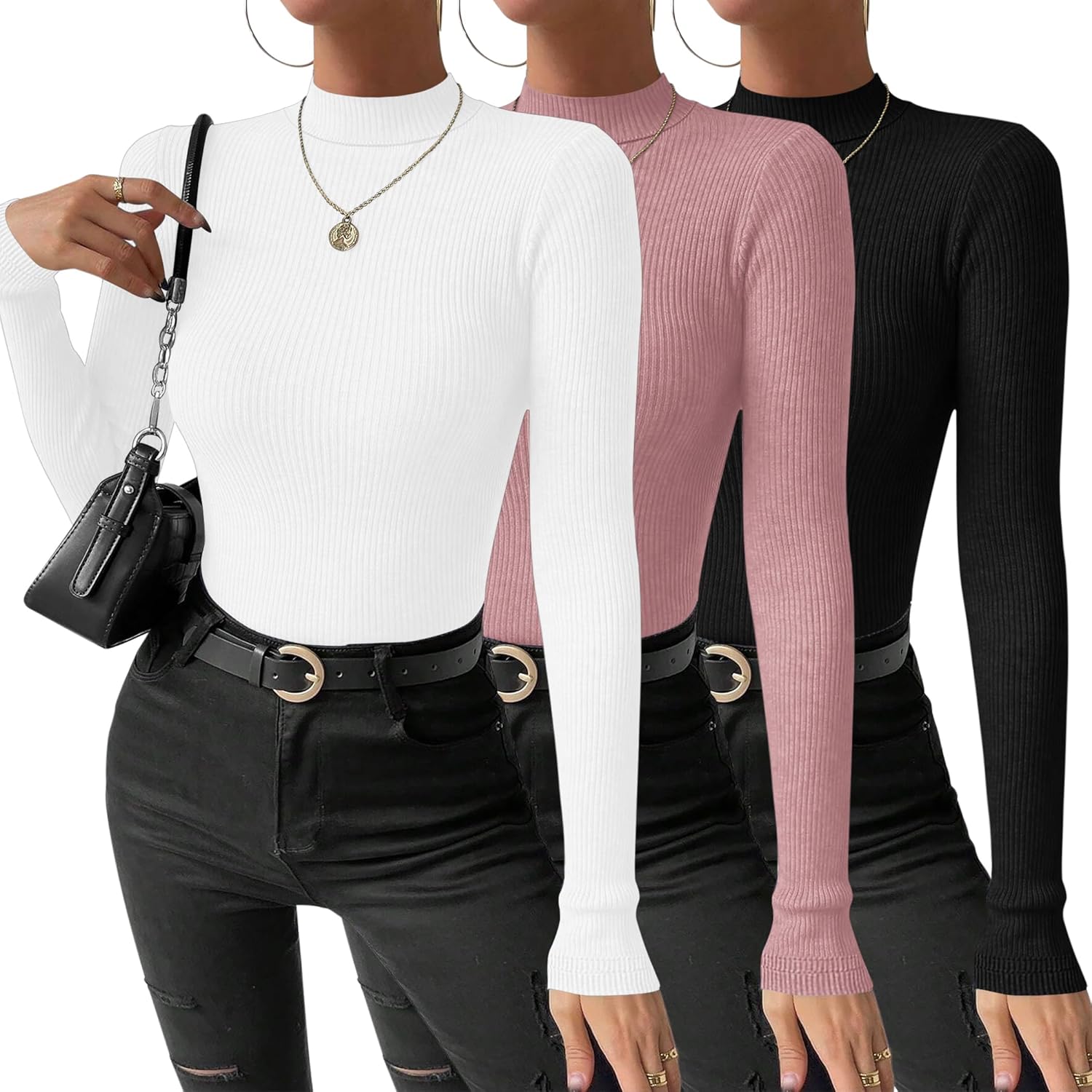 Ekouaer 3 Pack Mock Turtlenecks Tops for Women Long Sleeve Ribbed Shirts Thermal Slim Fit Lightweight Undershirts Pink/White/Black M