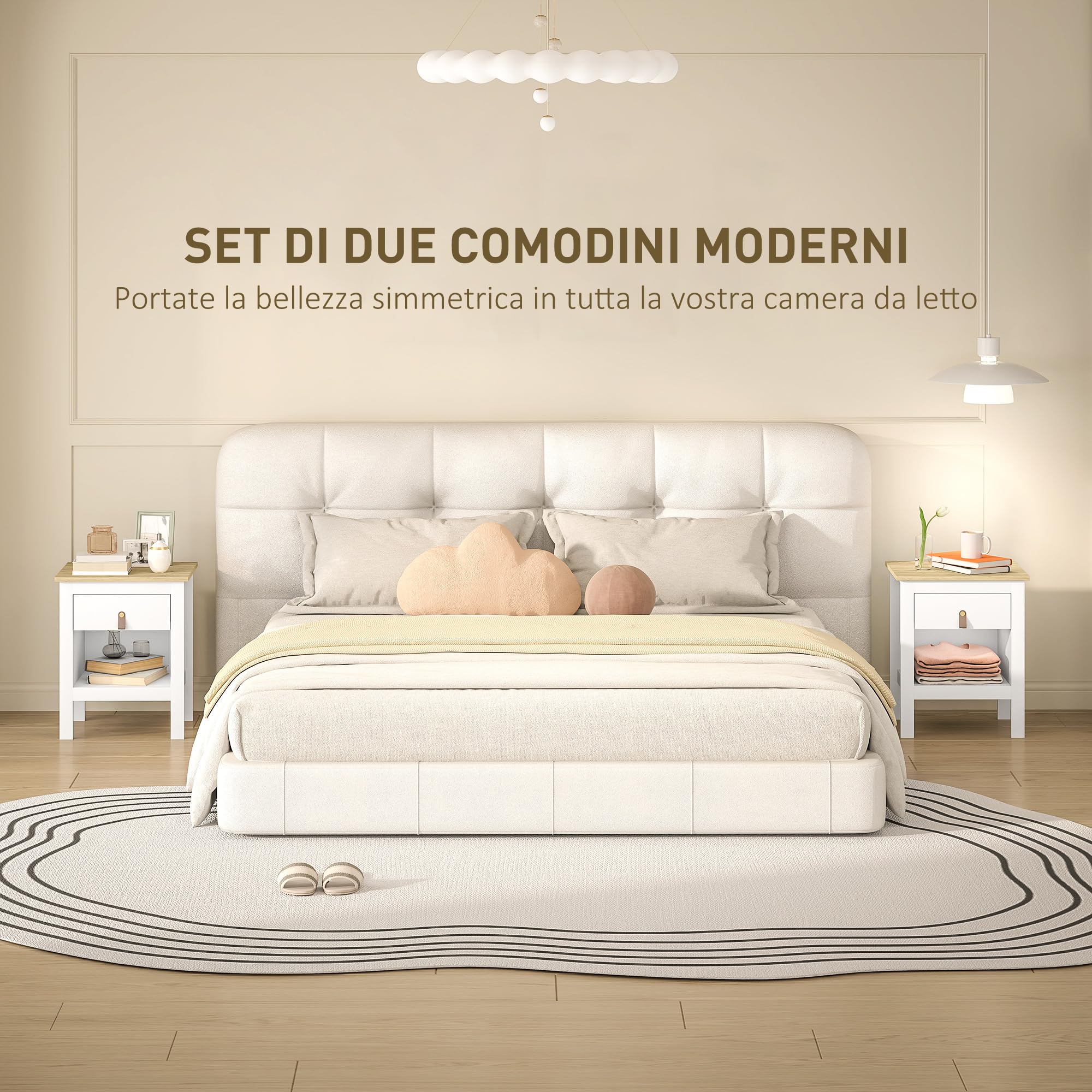 HOMCOM Set 2 Comodini Camera da Letto con Cassetto e Ripiano Aperto Portaoggetti, Coppia di Comodini Moderni in Legno, Tavolini per Divano, Soggiorno, Salotto, 45x40x55 cm, Bianco e Rovere