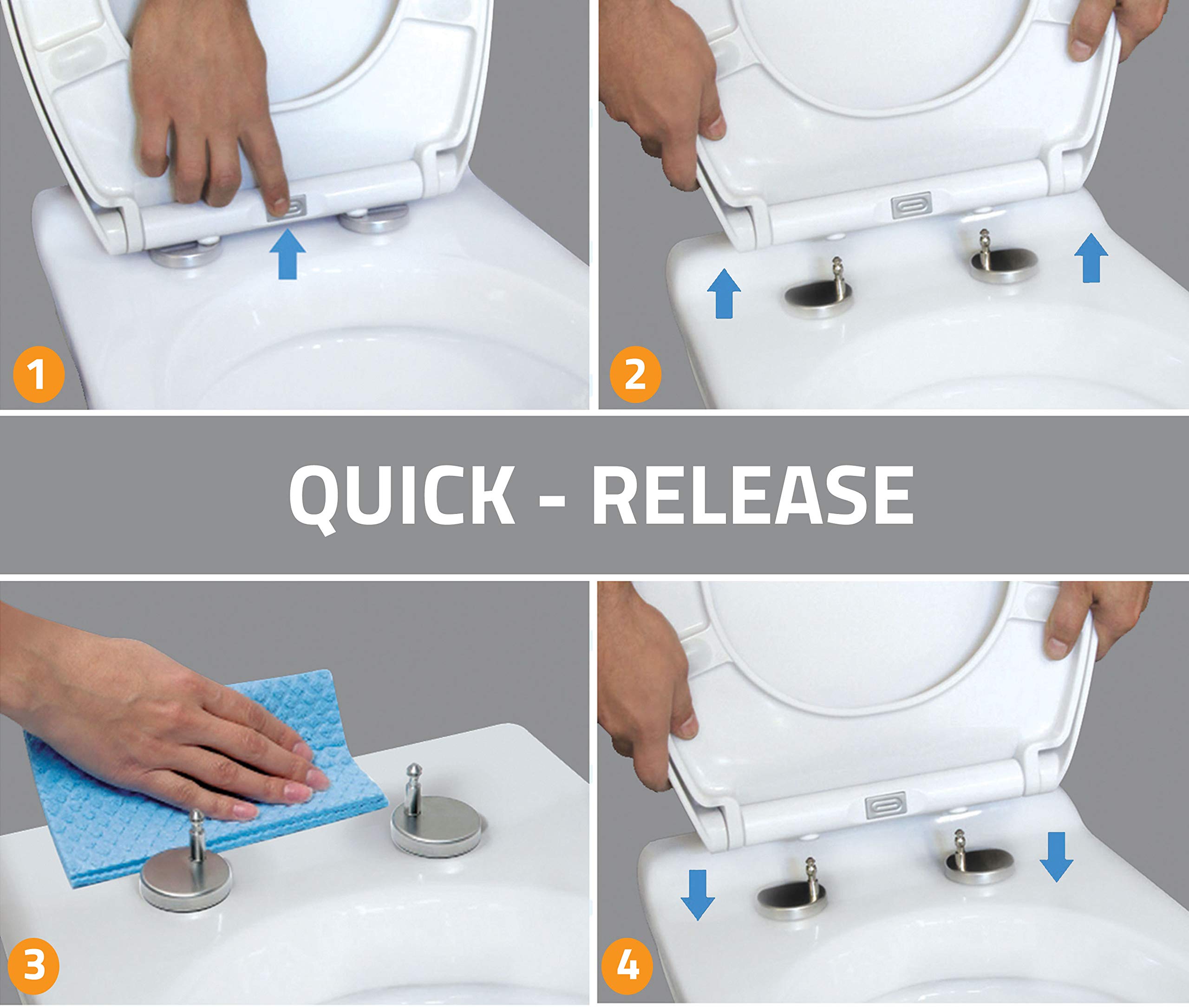 Aqua Bagno - Asiento de inodoro plano con cierre suave Roxy en forma de D (plástico termoendurecido descenso automático, tapa extraíble y tapa de inodoro antibacteriana), color blanco